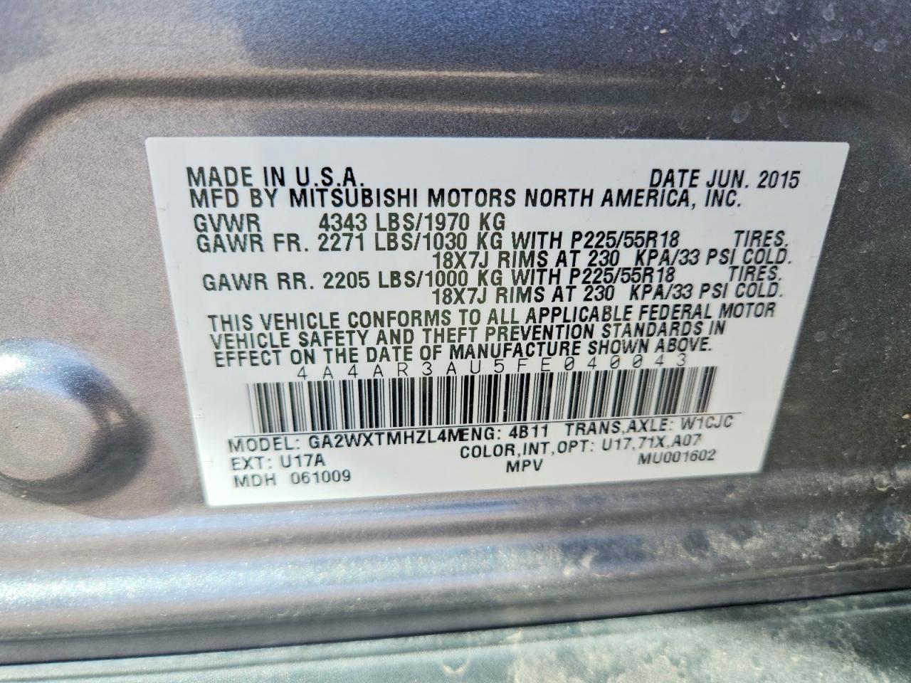 2015 Mitsubishi Outlander Sport Es Silver vin: 4A4AR3AU5FE040043