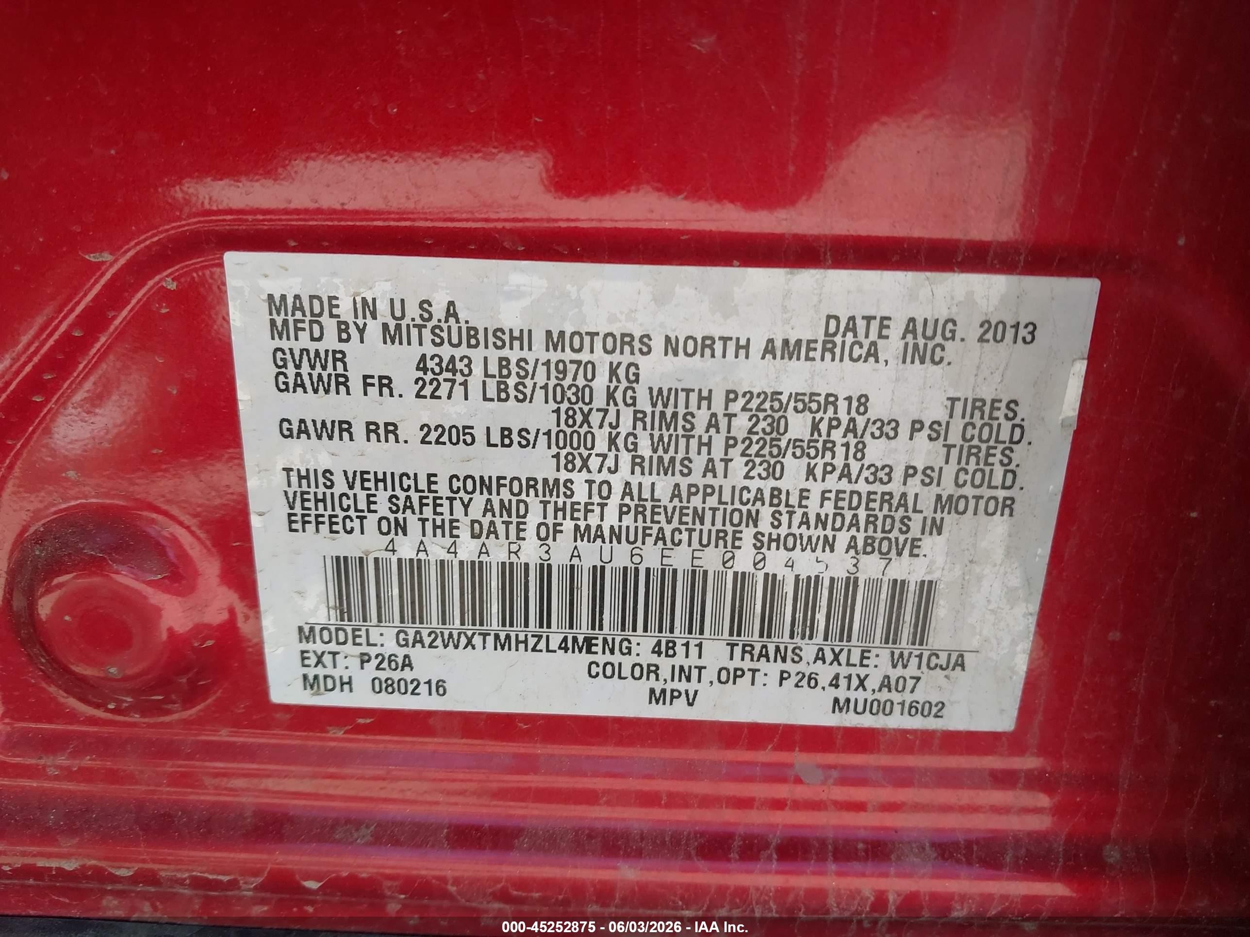 2014 Mitsubishi Outlander Sport Es Red vin: 4A4AR3AU6EE004537