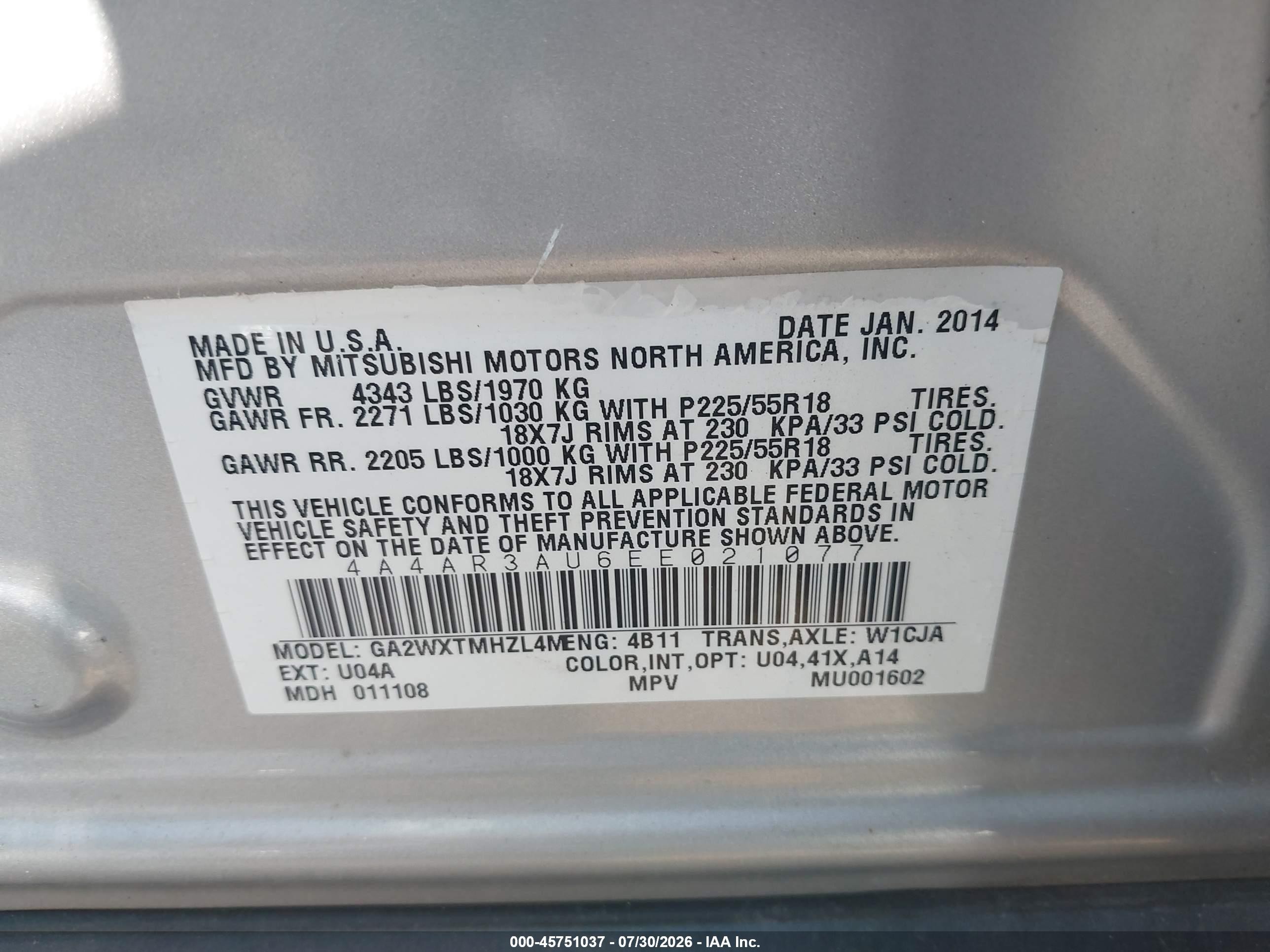 2014 Mitsubishi Outlander Sport Es Silver vin: 4A4AR3AU6EE021077