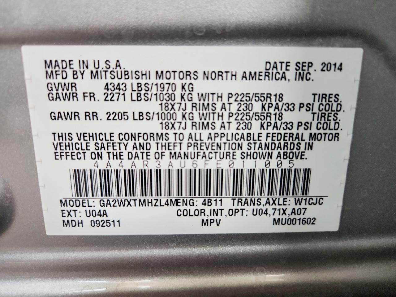 2015 Mitsubishi Outlander Sport Es Silver vin: 4A4AR3AU6FE011005