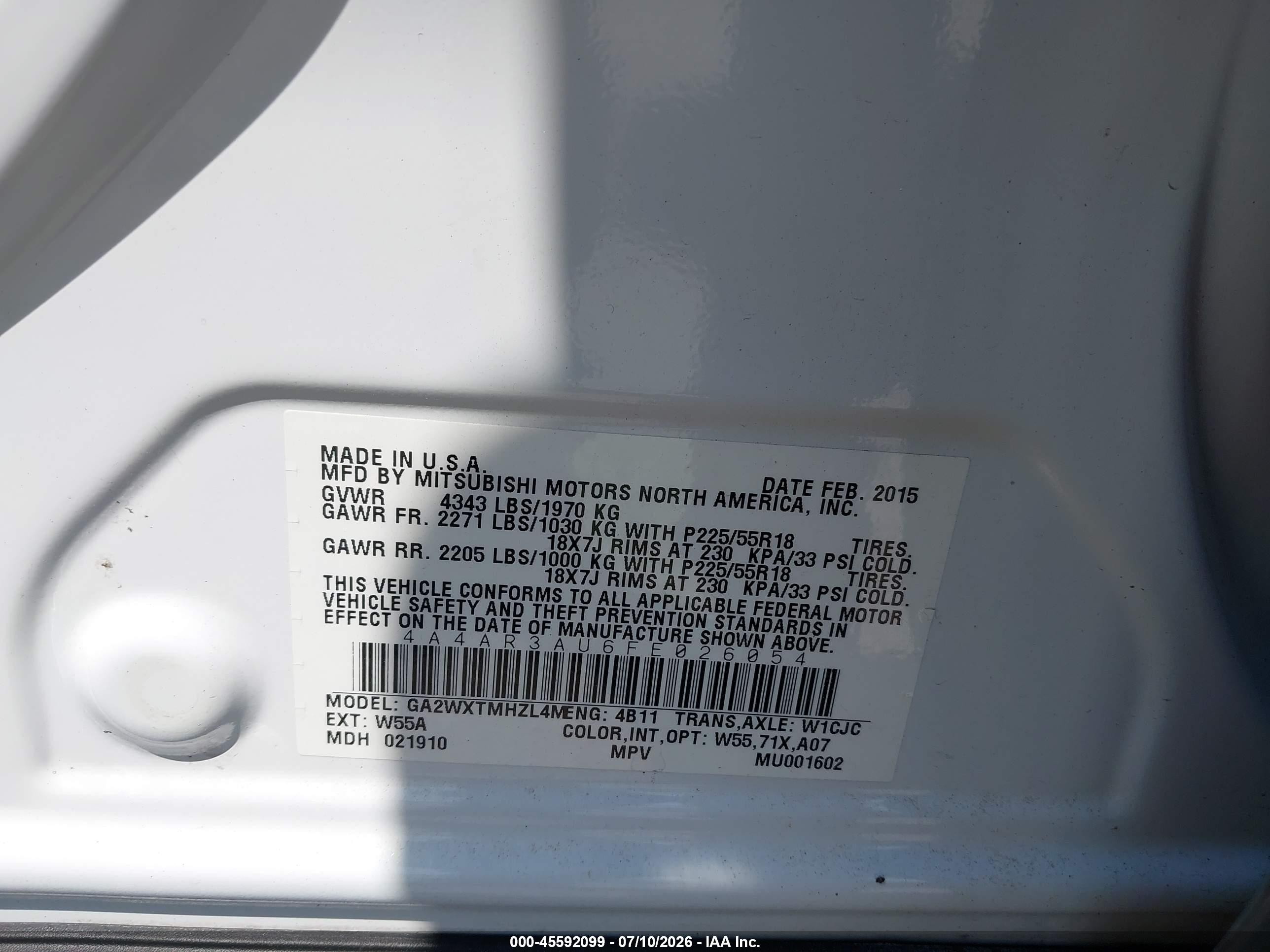 2015 Mitsubishi Outlander Sport Es White vin: 4A4AR3AU6FE026054