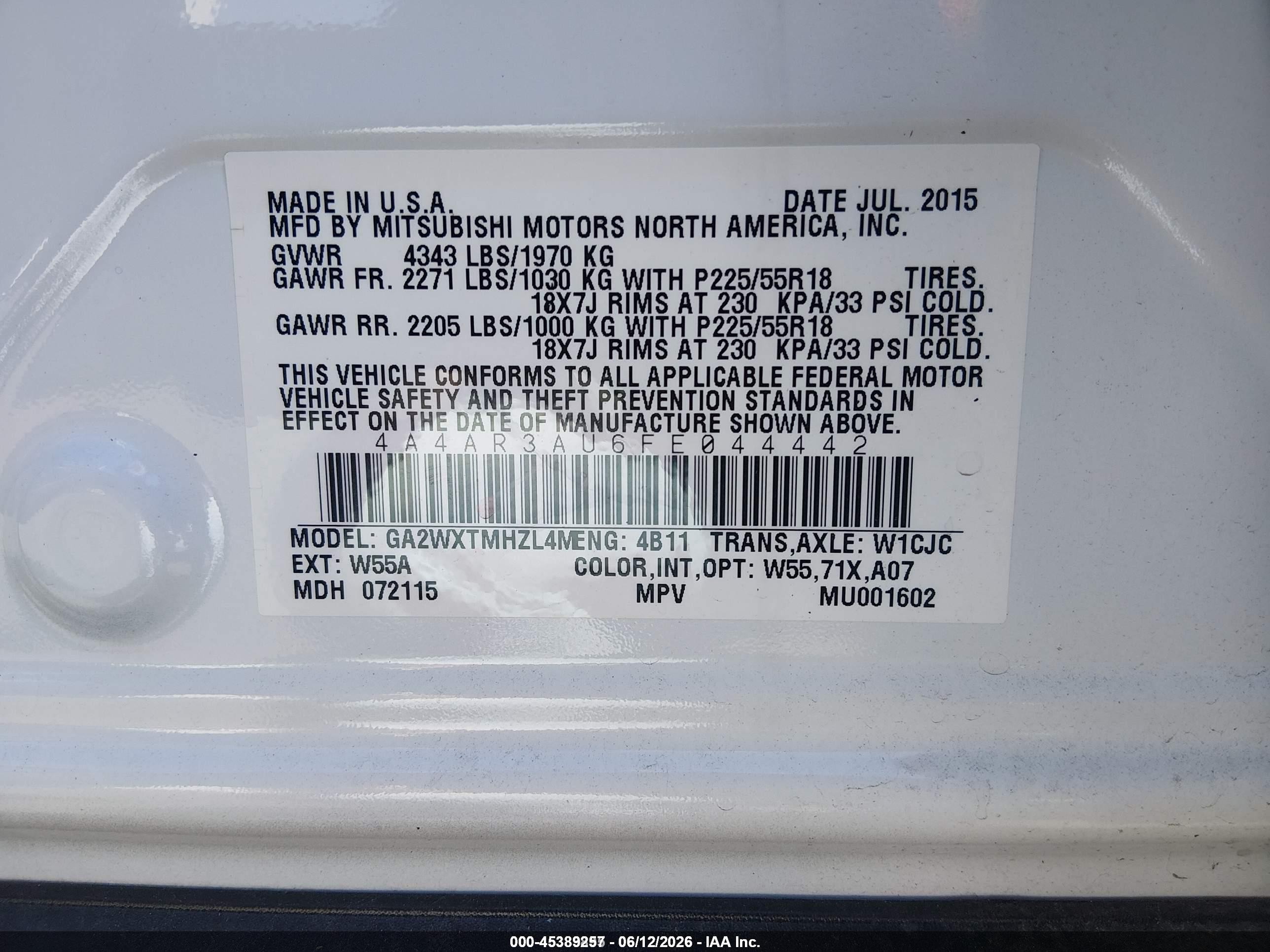 2015 Mitsubishi Outlander Sport Es White vin: 4A4AR3AU6FE044442