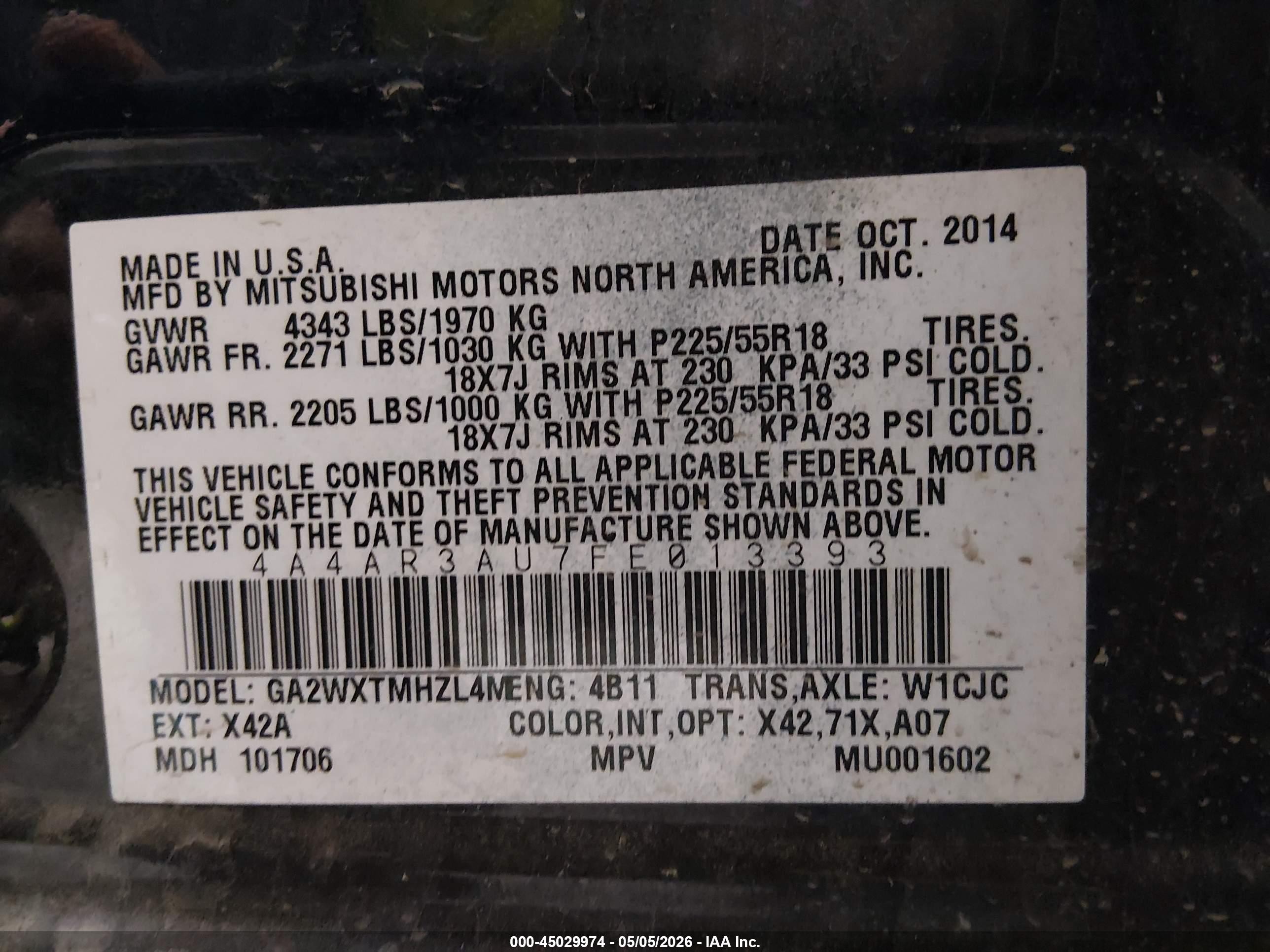 2015 Mitsubishi Outlander Sport Es Черный vin: 4A4AR3AU7FE013393