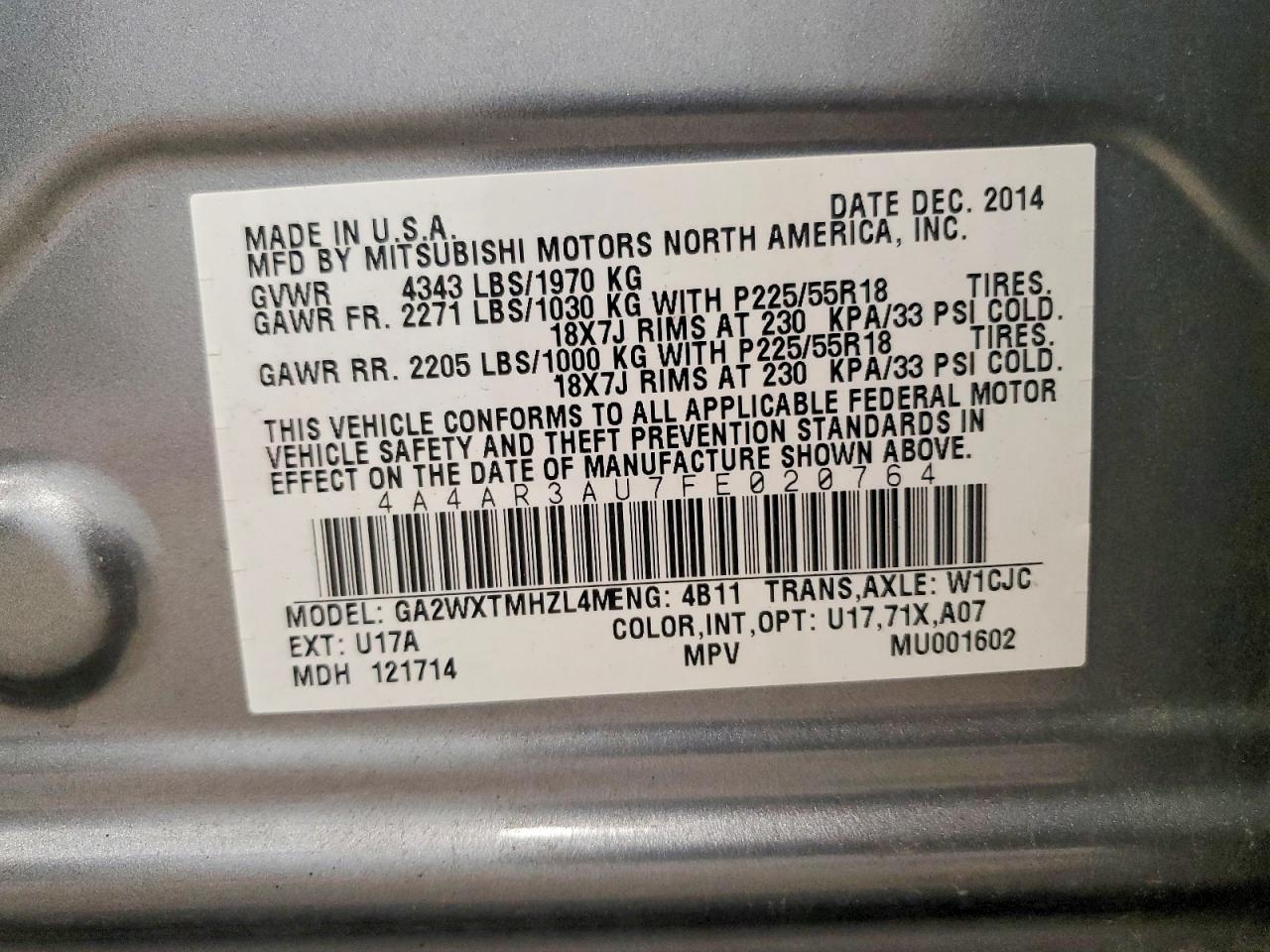 2015 Mitsubishi Outlander Sport Es Gray vin: 4A4AR3AU7FE020764