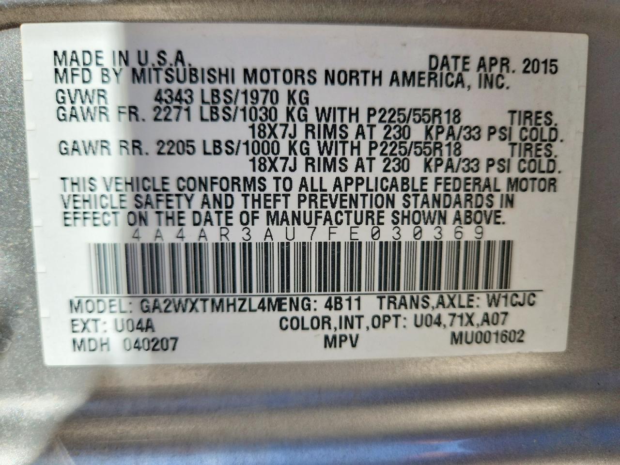 2015 Mitsubishi Outlander Sport Es Silver vin: 4A4AR3AU7FE030369