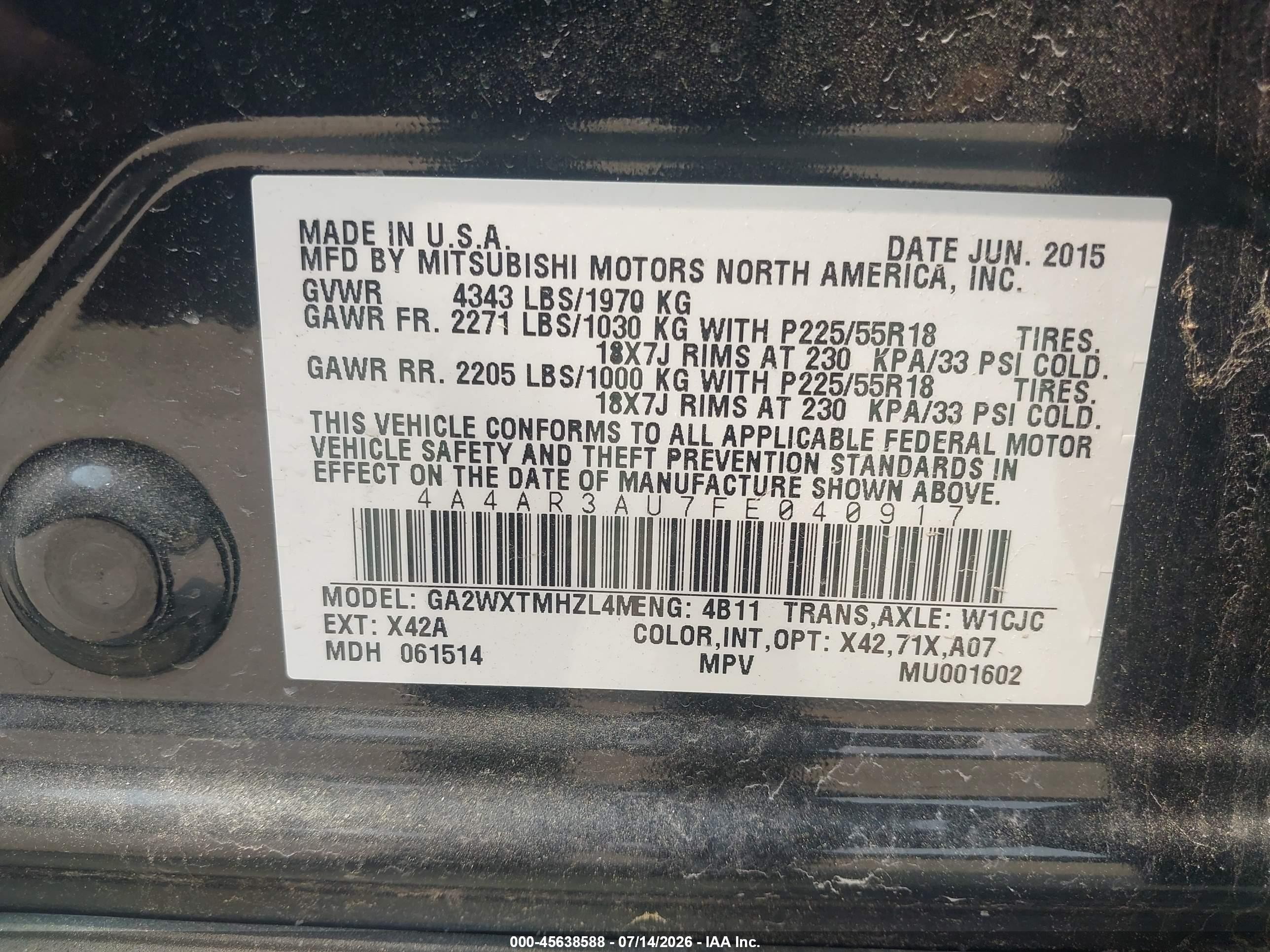 2015 Mitsubishi Outlander Sport Es Черный vin: 4A4AR3AU7FE040917