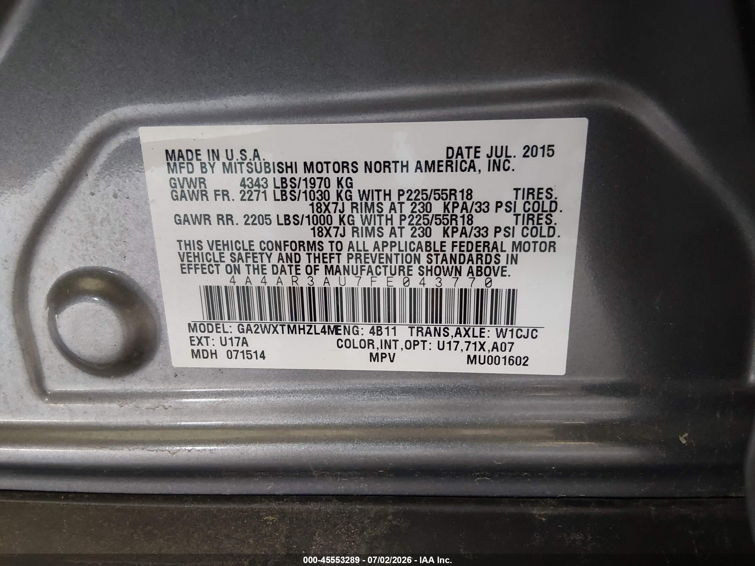 2015 Mitsubishi Outlander Sport Es Gray vin: 4A4AR3AU7FE043770