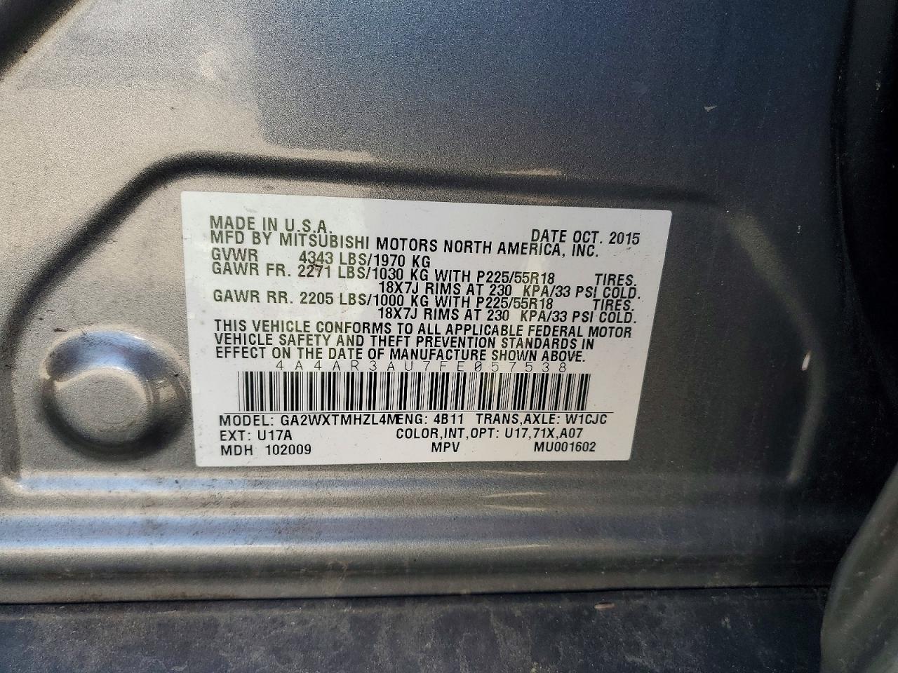 2015 Mitsubishi Outlander Sport Es Gray vin: 4A4AR3AU7FE057538