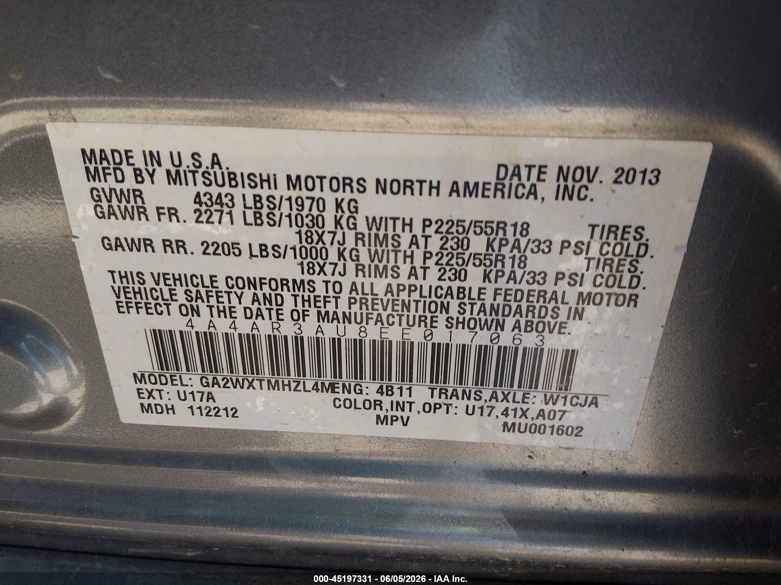 2014 Mitsubishi Outlander Sport Es Gray vin: 4A4AR3AU8EE017063