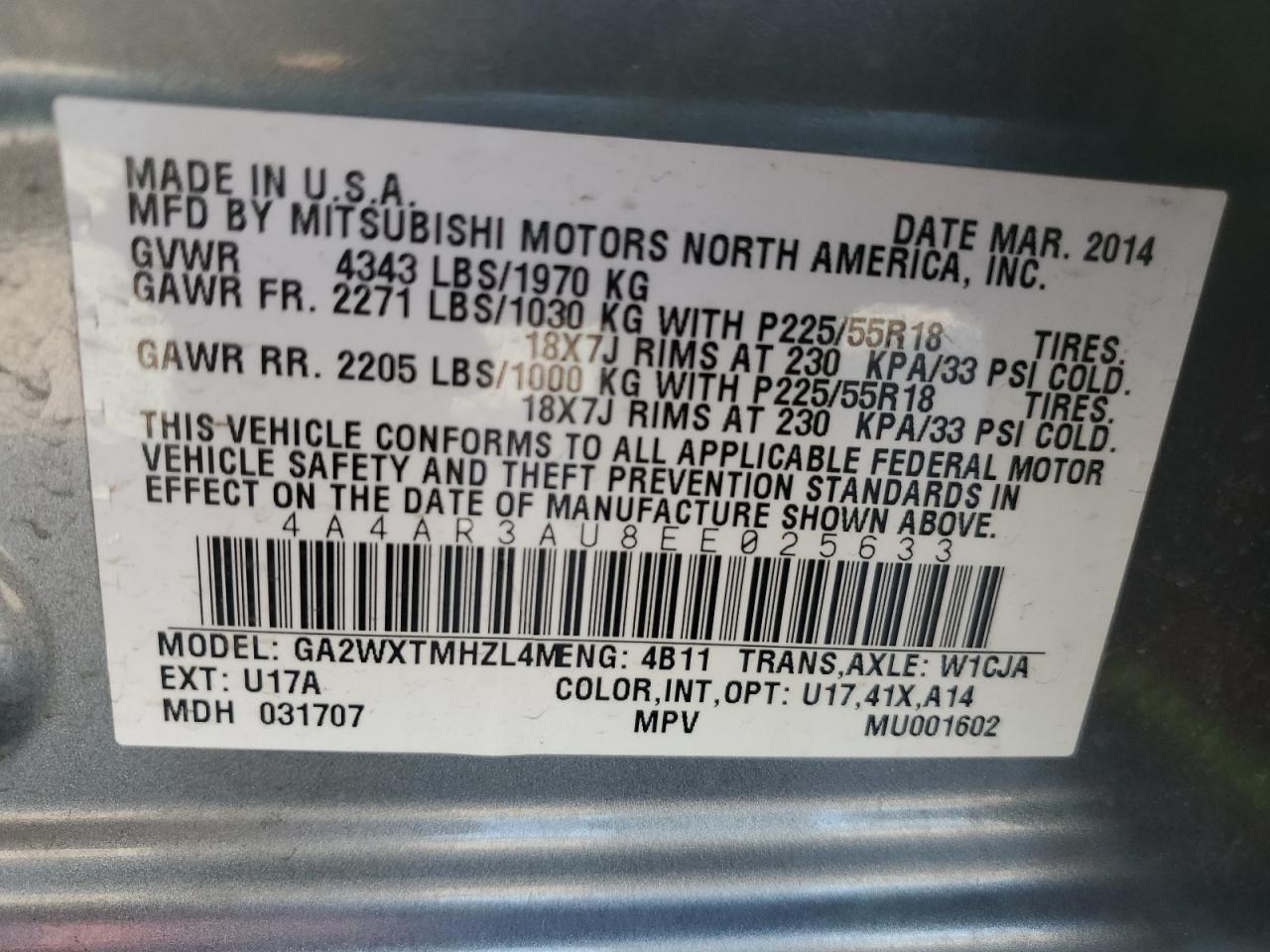 2014 Mitsubishi Outlander Sport Es Gray vin: 4A4AR3AU8EE025633