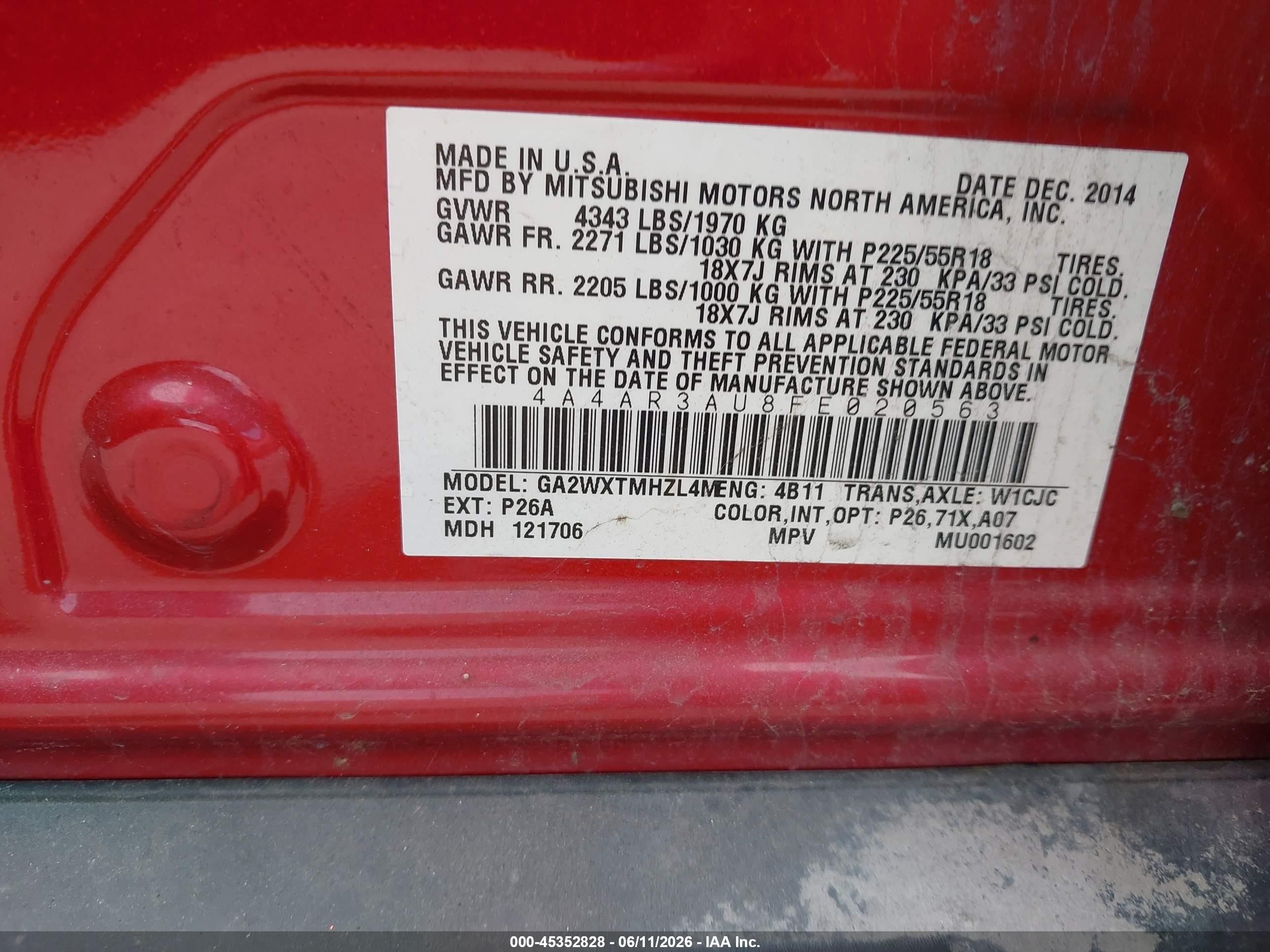 2015 Mitsubishi Outlander Sport Es Red vin: 4A4AR3AU8FE020563