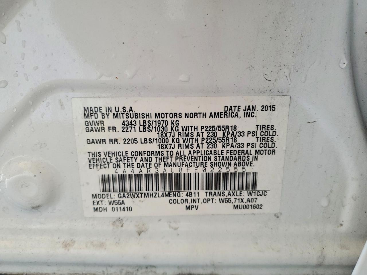 2015 Mitsubishi Outlander Sport Es White vin: 4A4AR3AU8FE022555