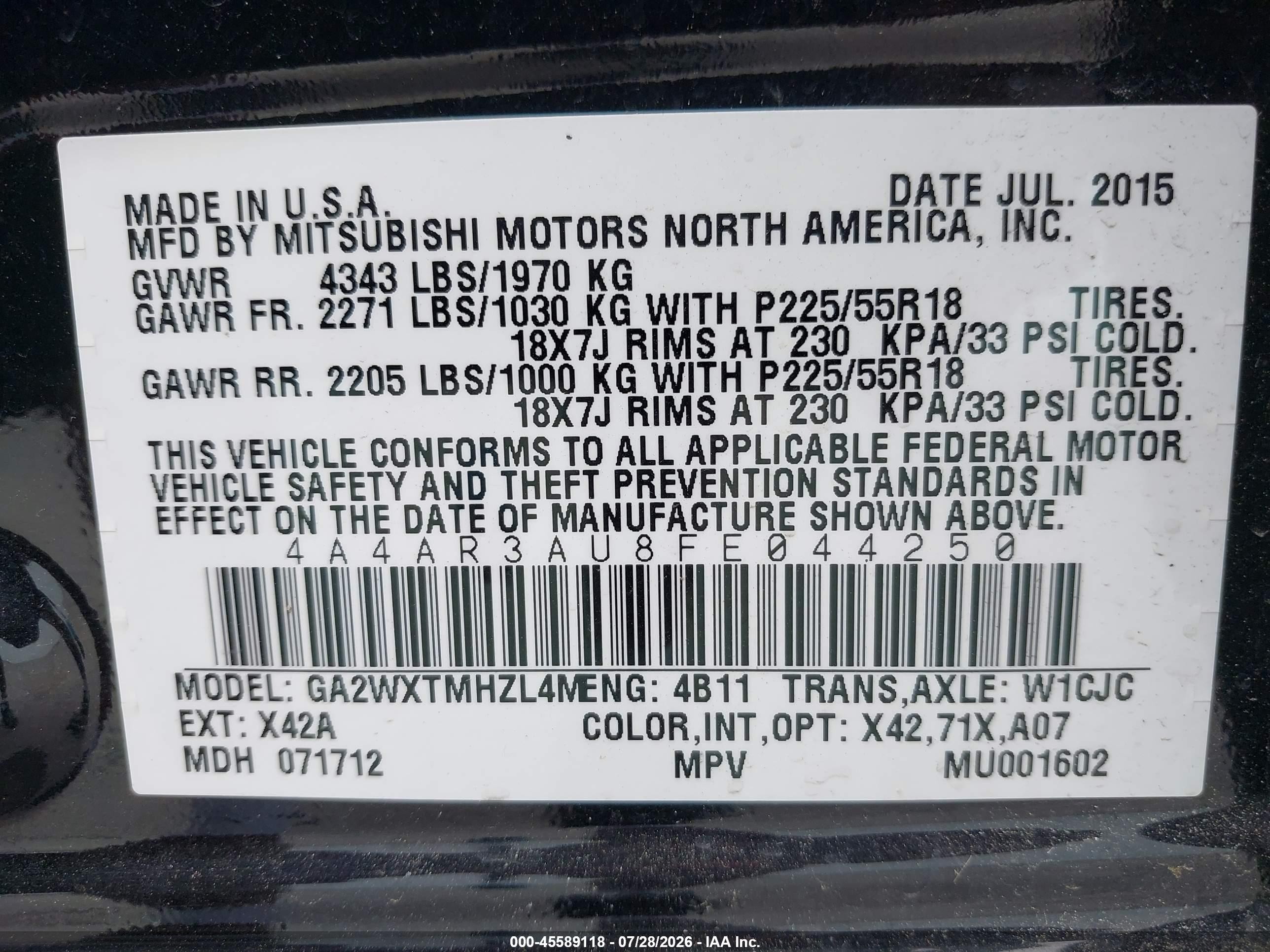 2015 Mitsubishi Outlander Sport Es Black vin: 4A4AR3AU8FE044250