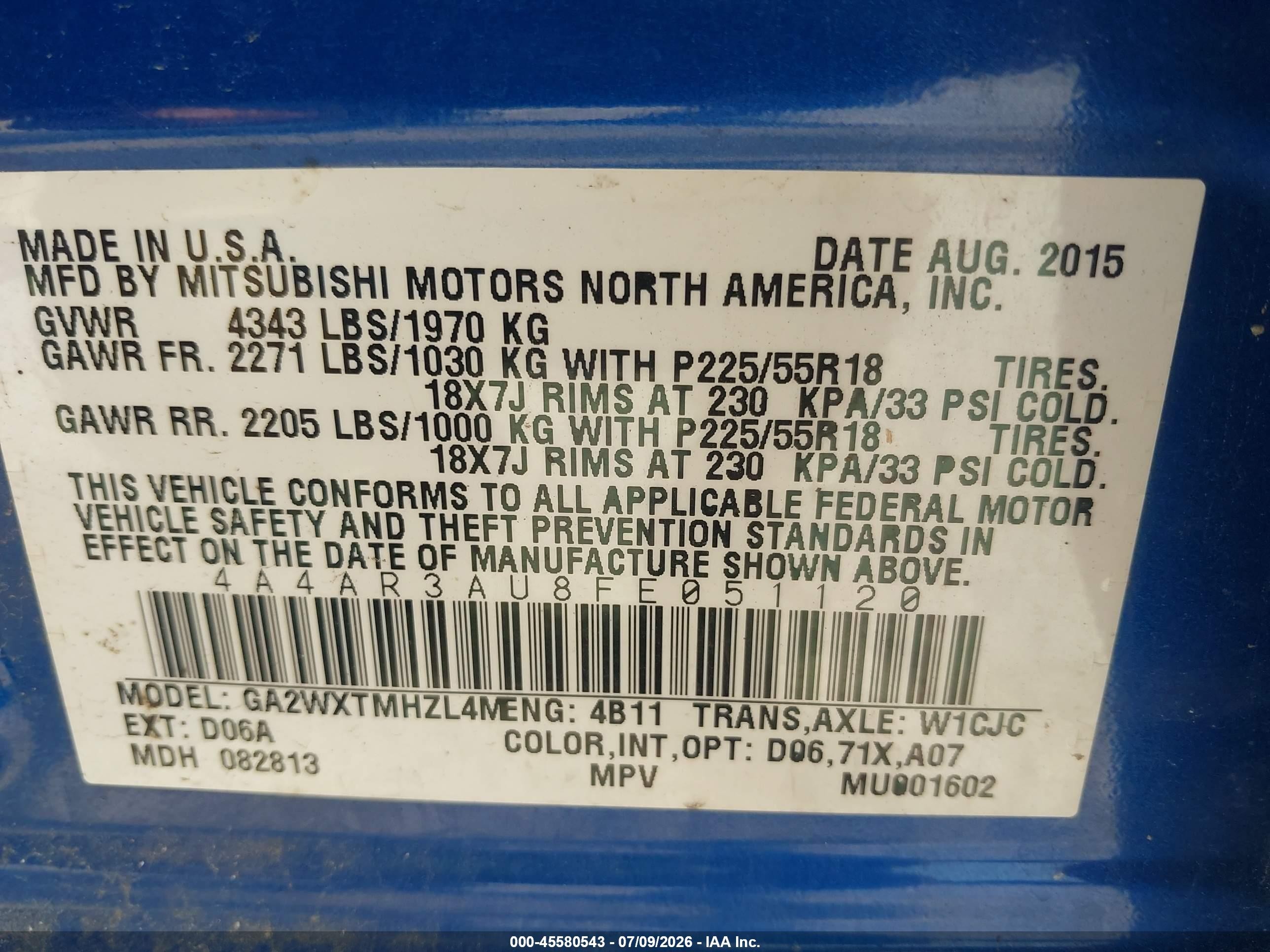 2015 Mitsubishi Outlander Sport Es Blue vin: 4A4AR3AU8FE051120