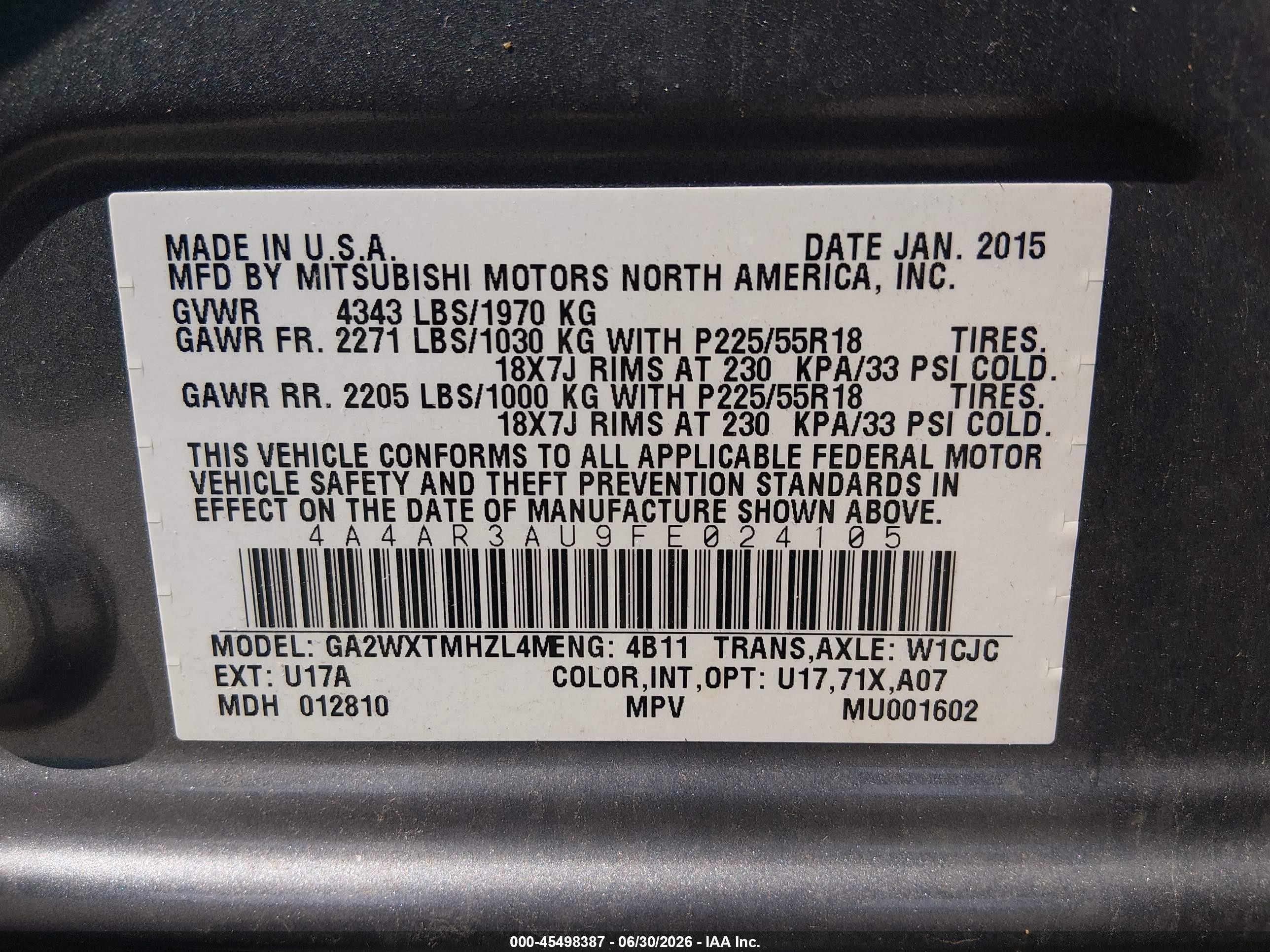 2015 Mitsubishi Outlander Sport Es Gray vin: 4A4AR3AU9FE024105