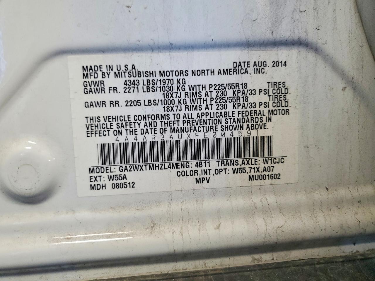 2015 Mitsubishi Outlander Sport Es Белый vin: 4A4AR3AUXFE004591