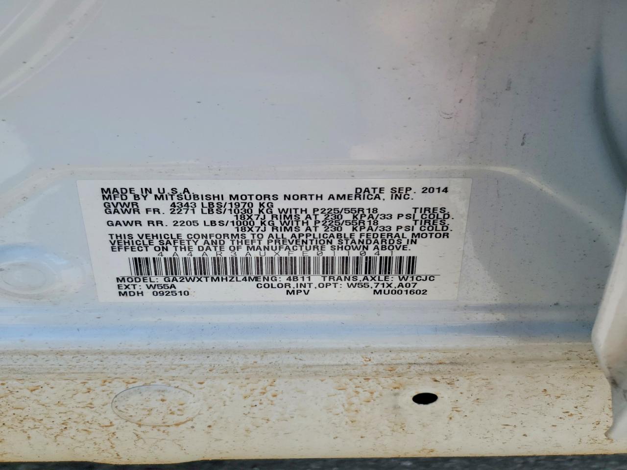 2015 Mitsubishi Outlander Sport Es White vin: 4A4AR3AUXFE011041