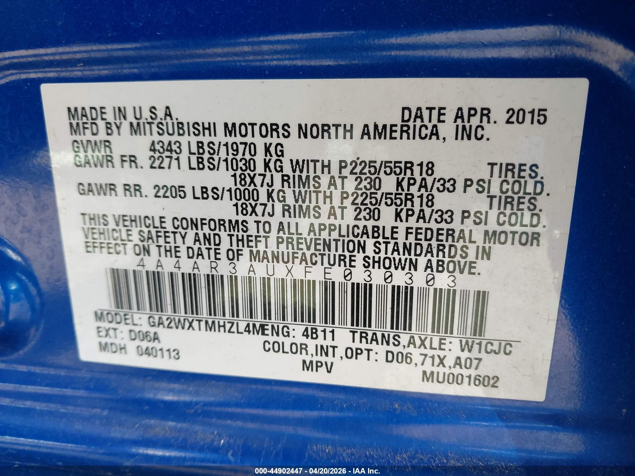 2015 Mitsubishi Outlander Sport Es Синий vin: 4A4AR3AUXFE030303