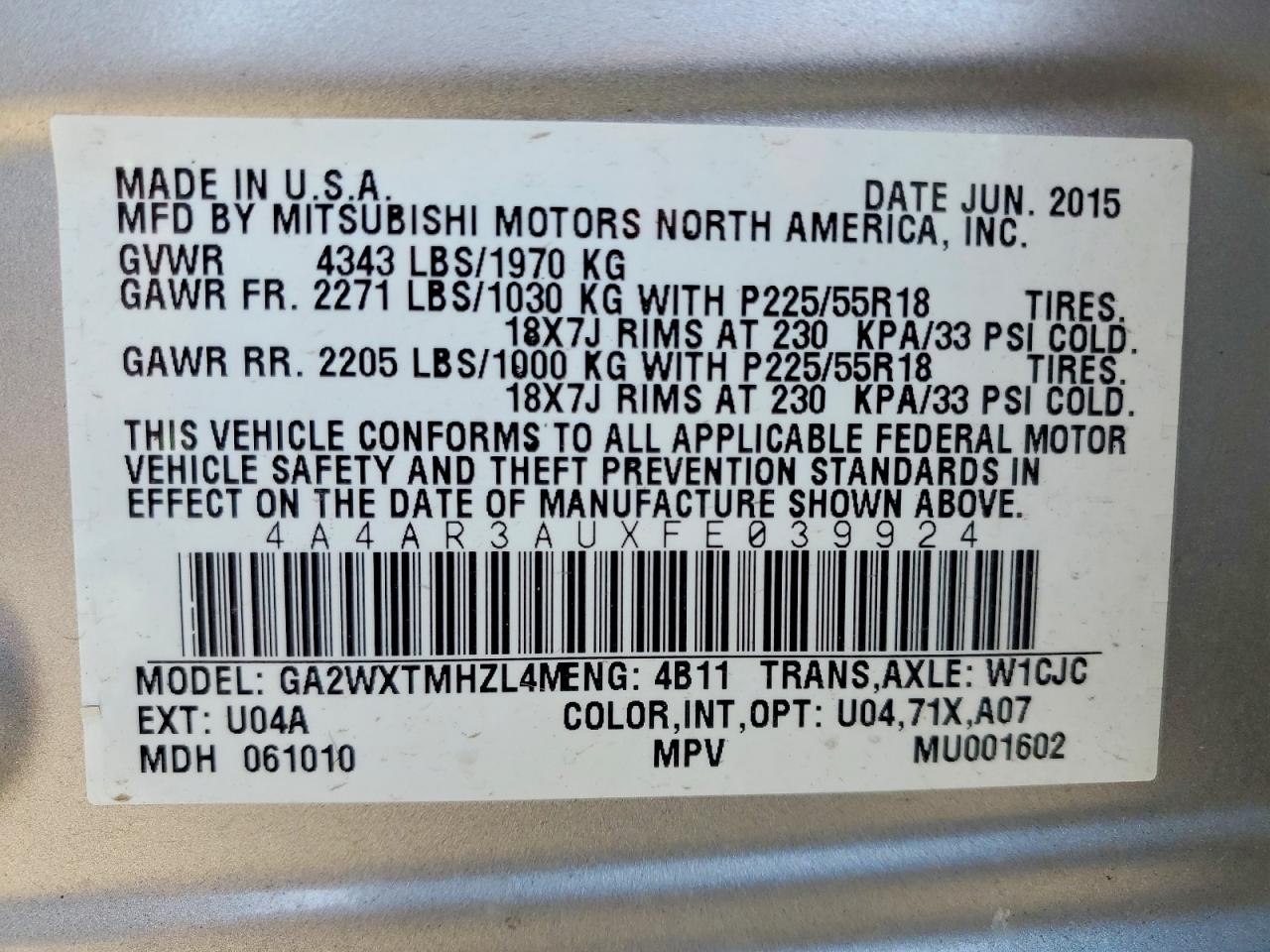 2015 Mitsubishi Outlander Sport Es Серебряный vin: 4A4AR3AUXFE039924