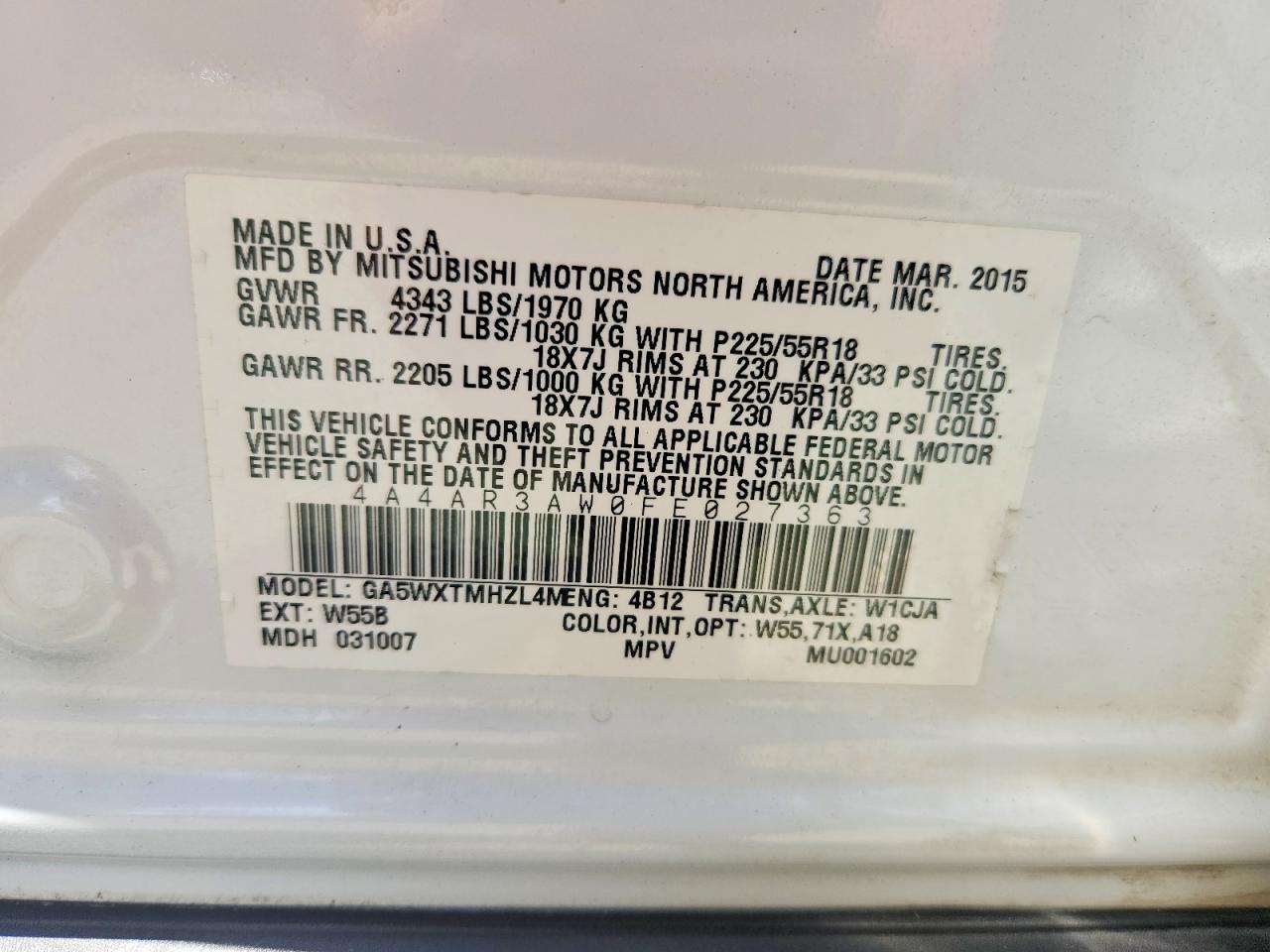 2015 Mitsubishi Outlander Sport Es White vin: 4A4AR3AW0FE027363