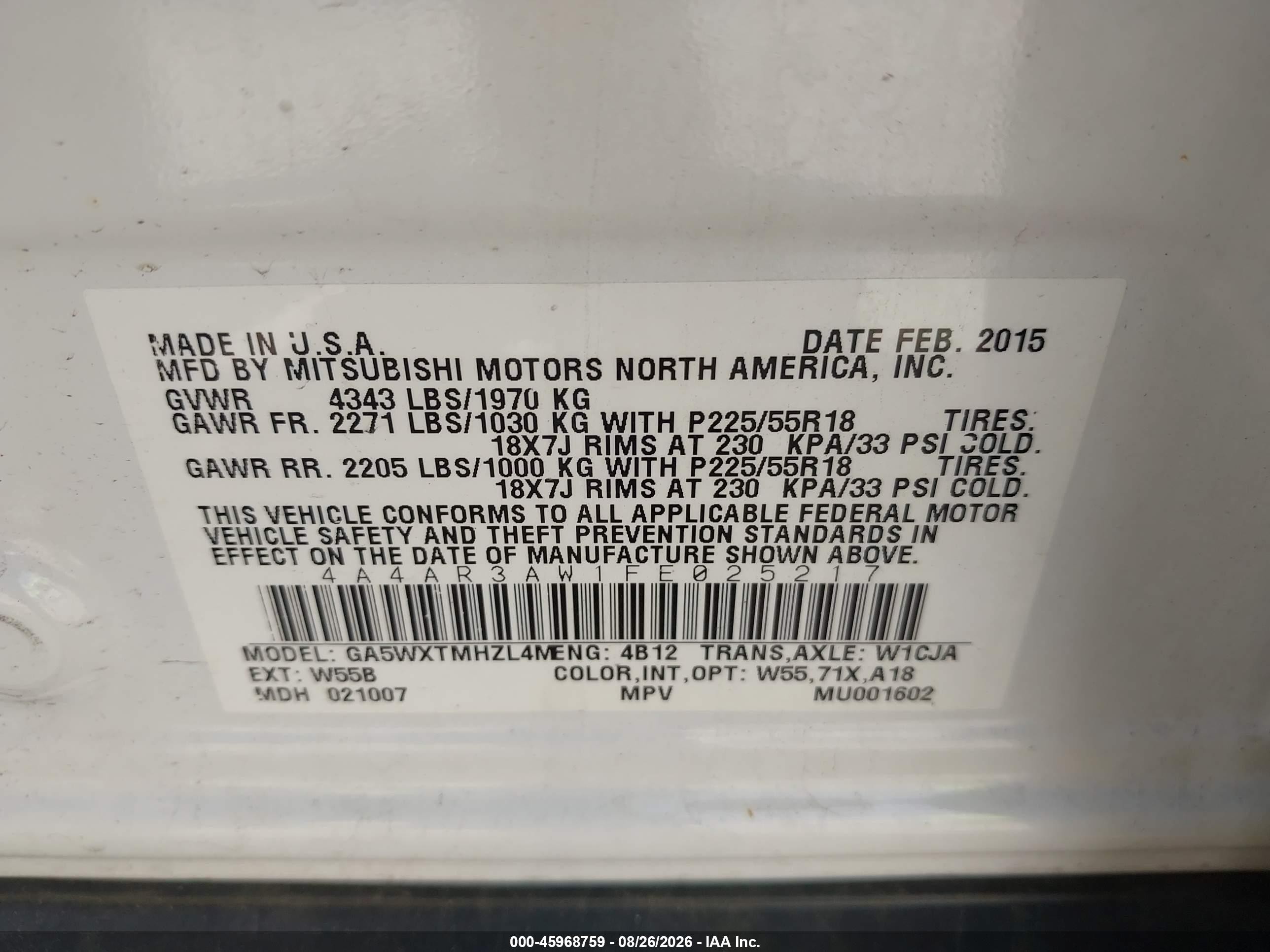 2015 Mitsubishi Outlander Sport Es White vin: 4A4AR3AW1FE025217