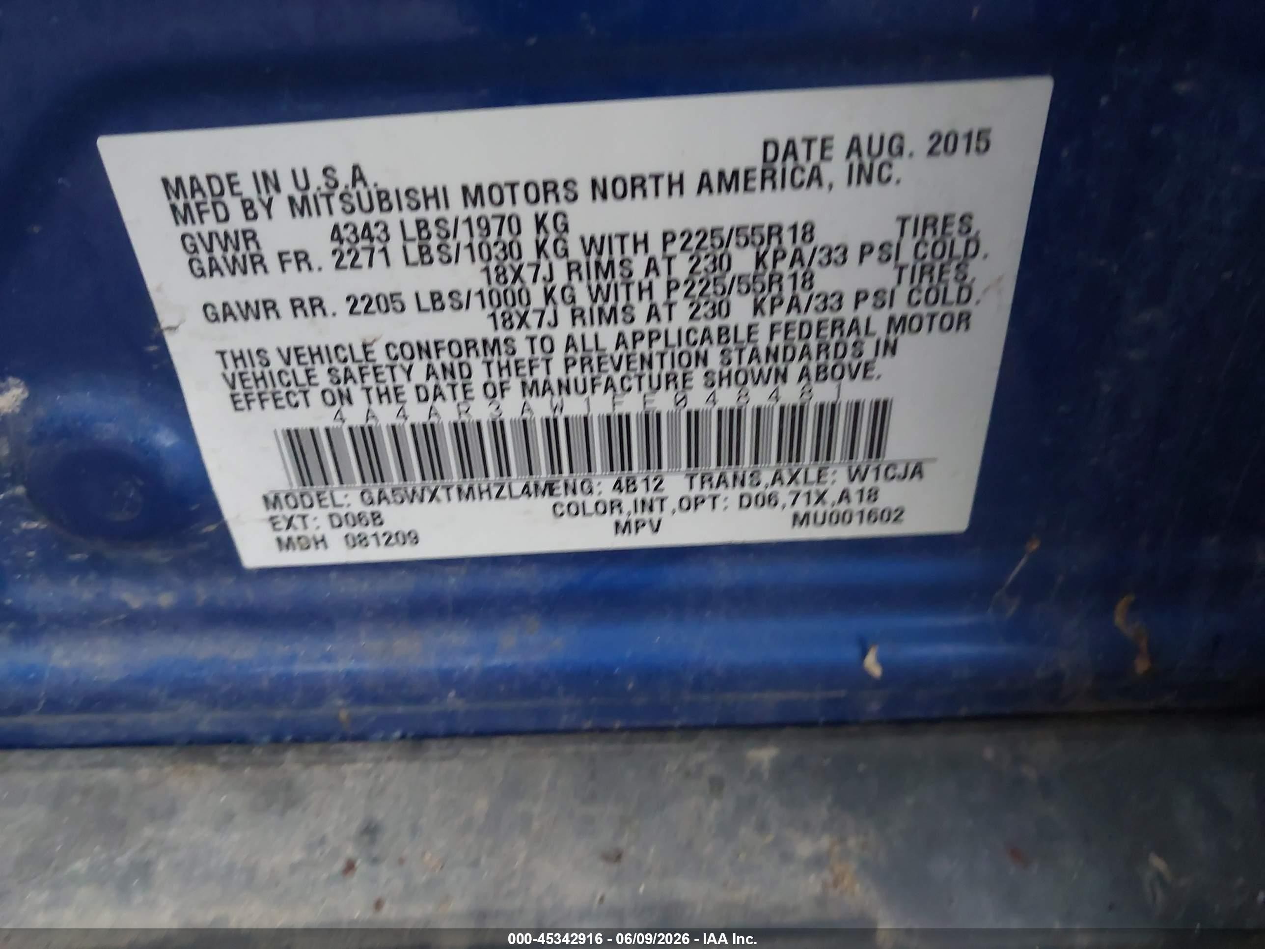 2015 Mitsubishi Outlander Sport Es Blue vin: 4A4AR3AW1FE048481