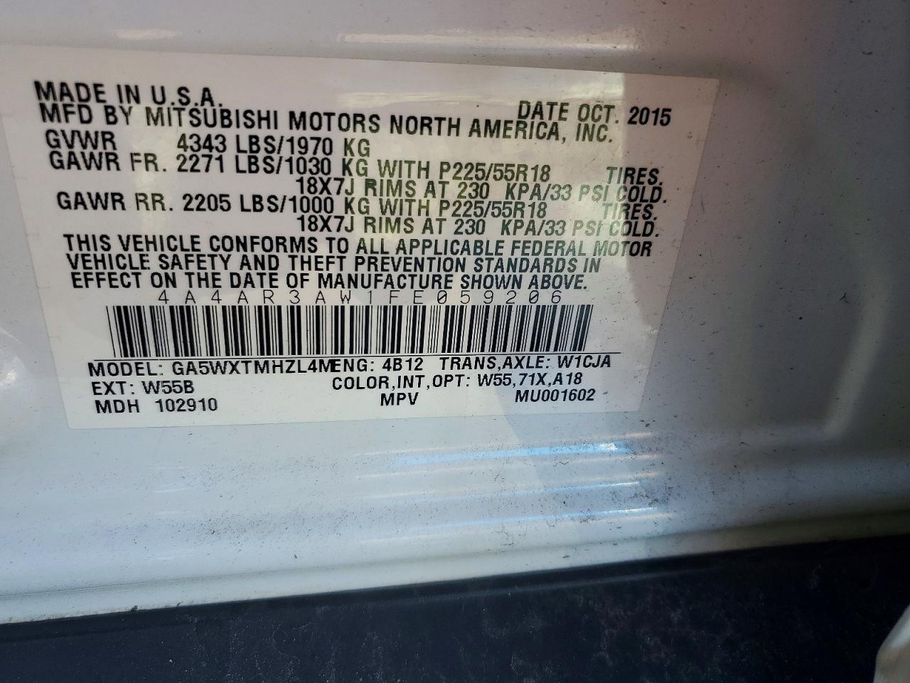 2015 Mitsubishi Outlander Sport Es White vin: 4A4AR3AW1FE059206