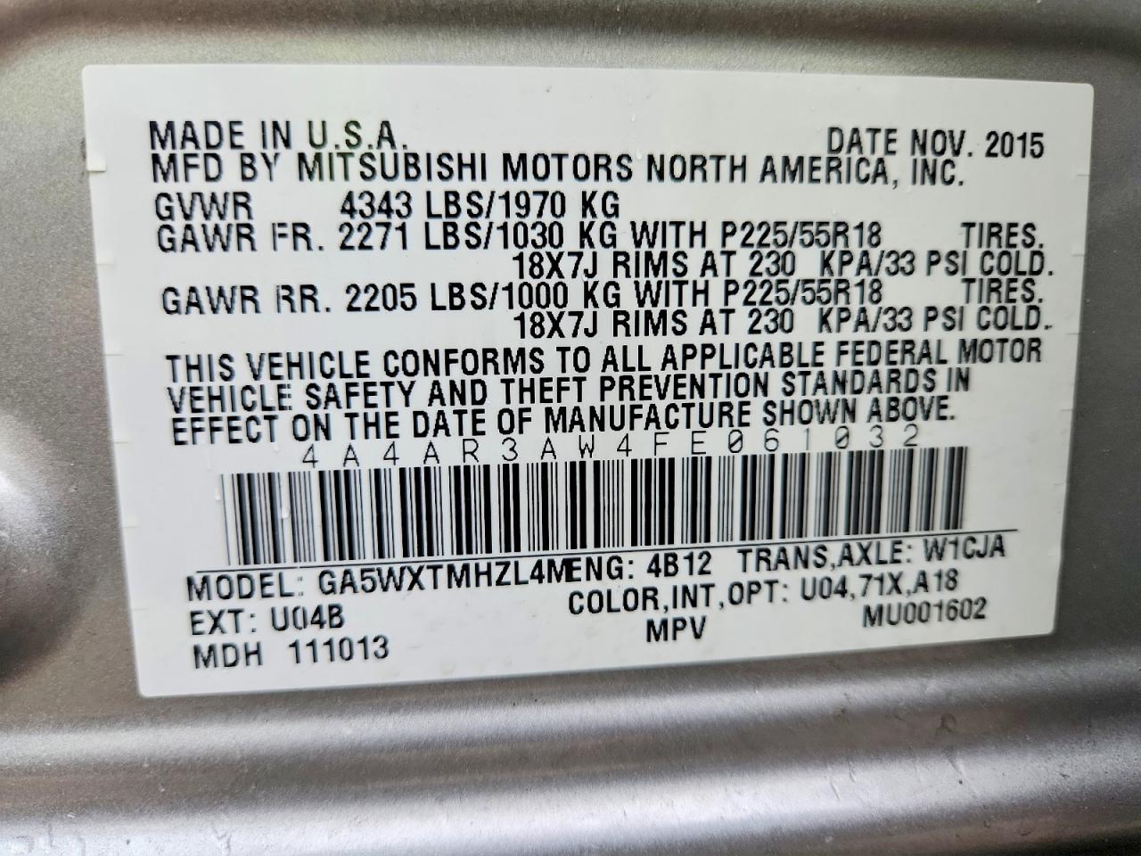 2015 Mitsubishi Outlander Sport Es Silver vin: 4A4AR3AW4FE061032