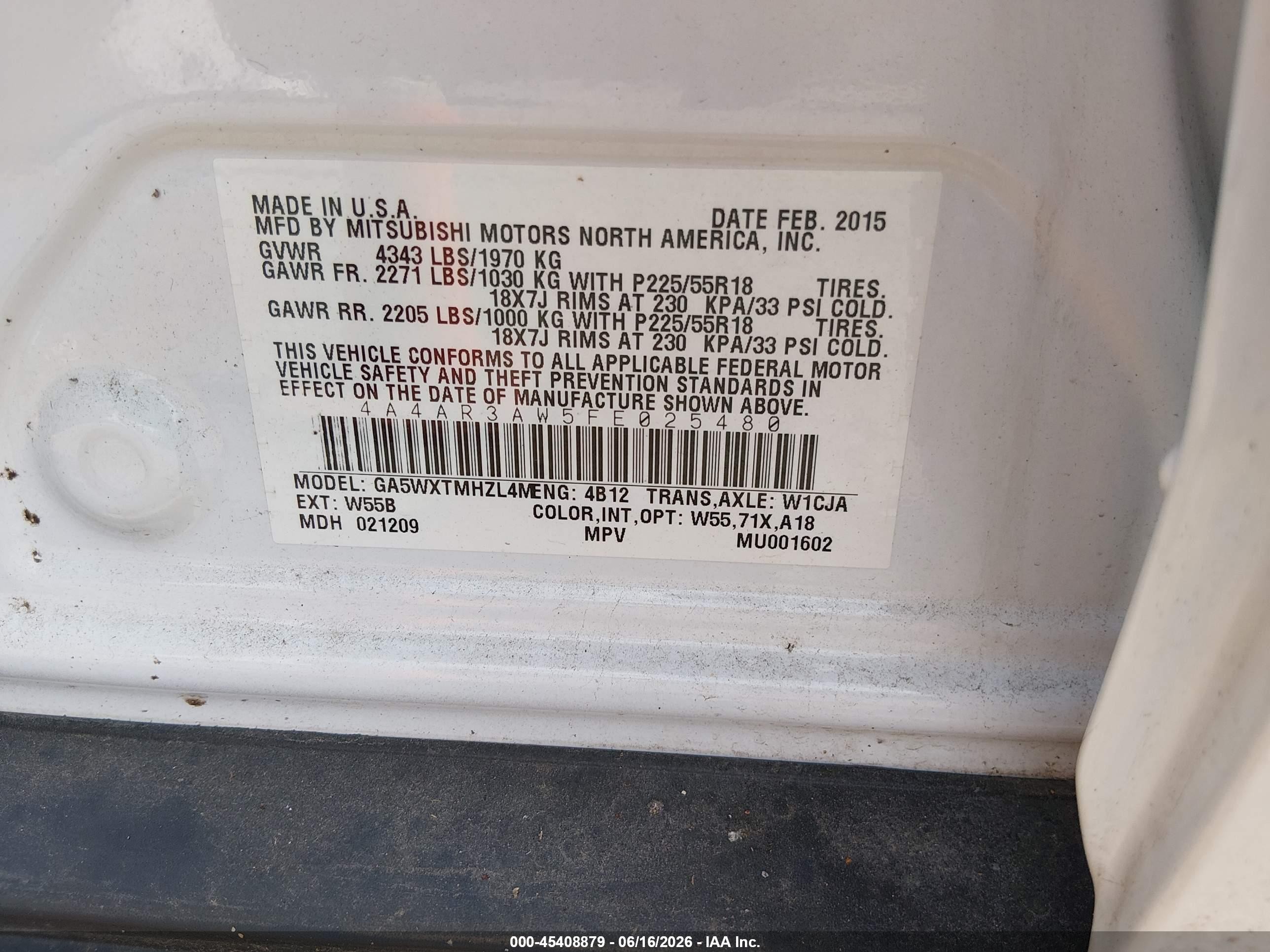 2015 Mitsubishi Outlander Sport Es Белый vin: 4A4AR3AW5FE025480