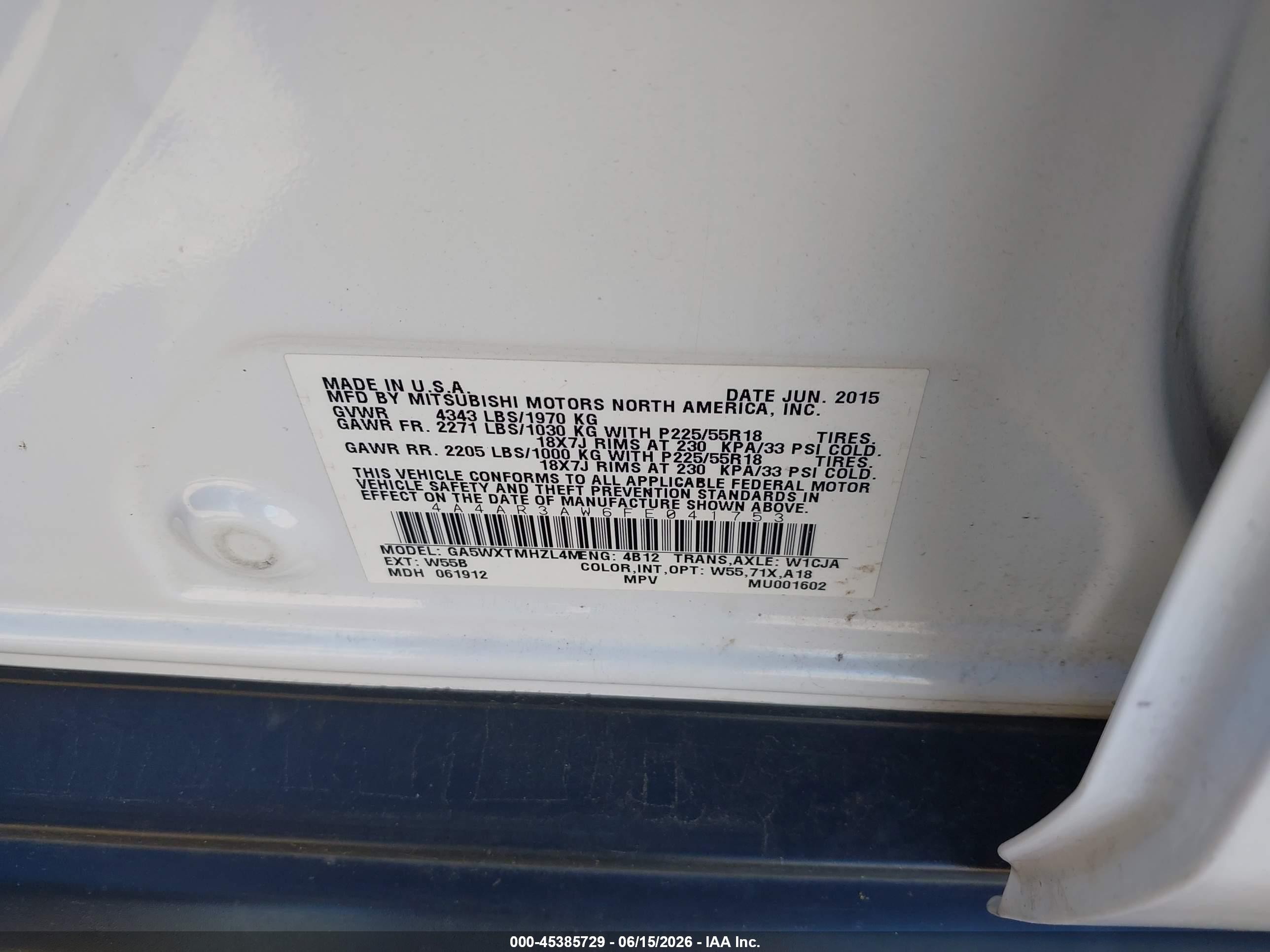 2015 Mitsubishi Outlander Sport Es White vin: 4A4AR3AW6FE041753
