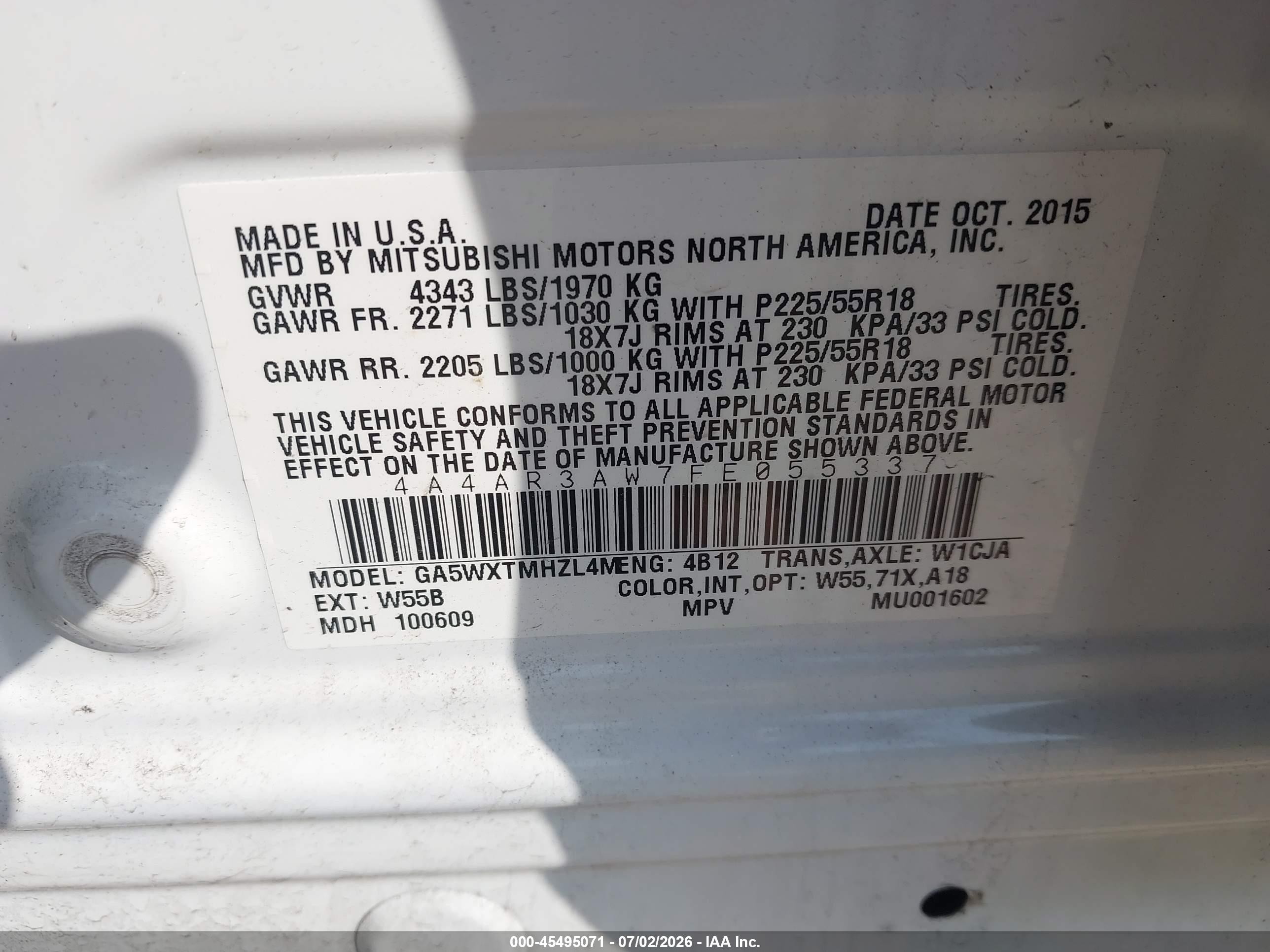 2015 Mitsubishi Outlander Sport Es White vin: 4A4AR3AW7FE055337