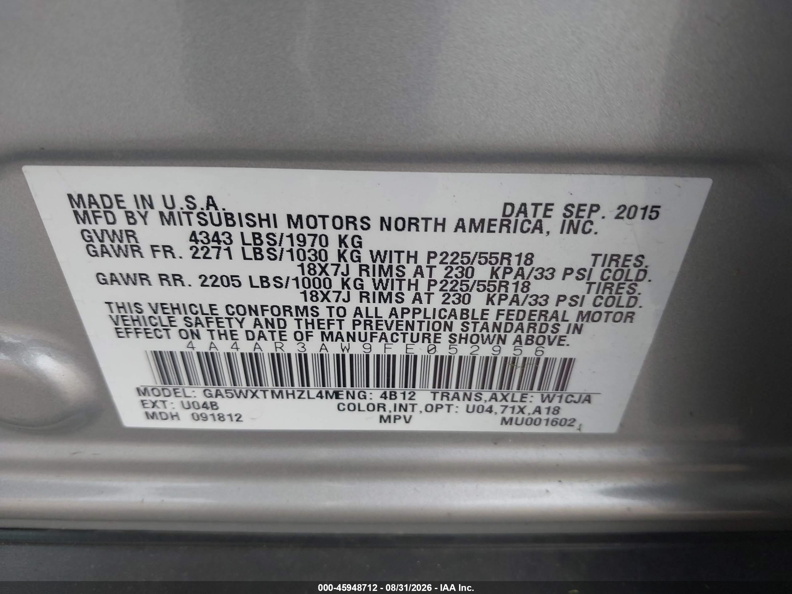 2015 Mitsubishi Outlander Sport Es Silver vin: 4A4AR3AW9FE052956