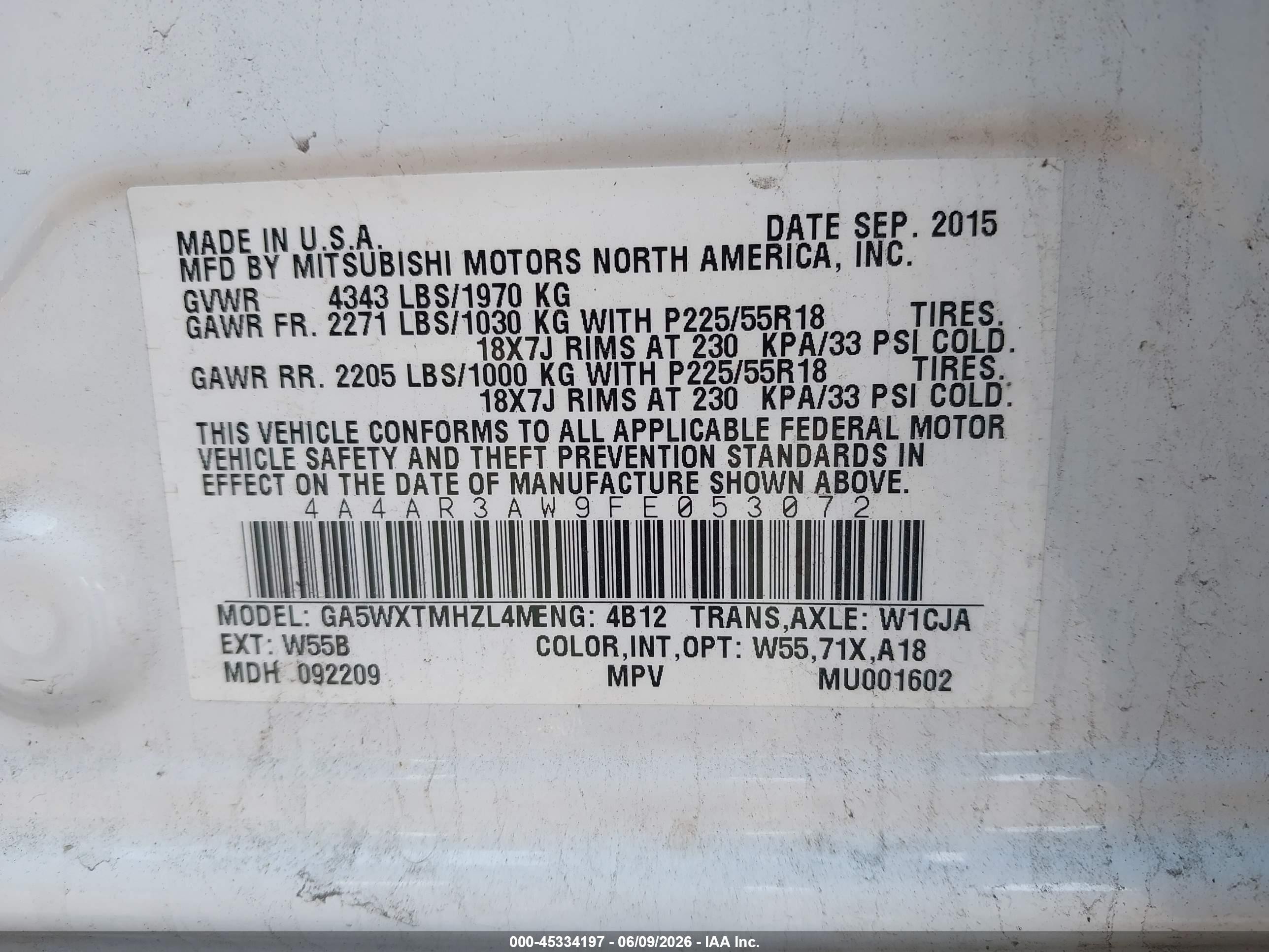 2015 Mitsubishi Outlander Sport Es Белый vin: 4A4AR3AW9FE053072