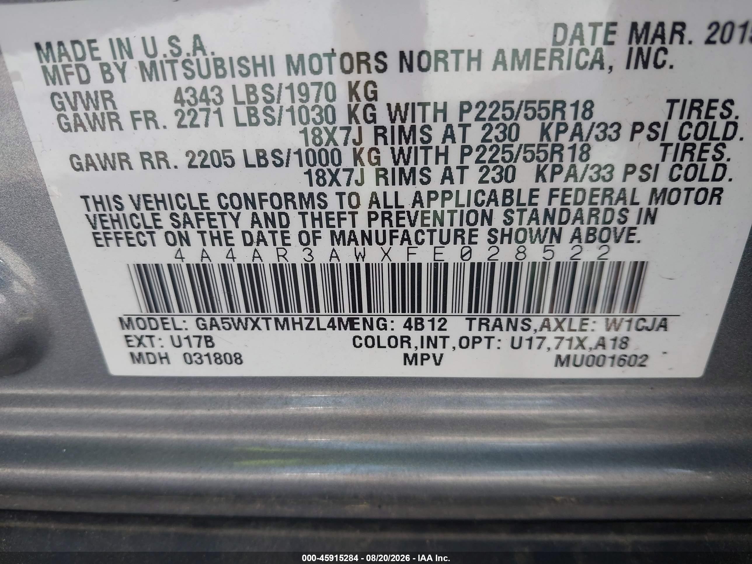 2015 Mitsubishi Outlander Sport Es Gray vin: 4A4AR3AWXFE028522