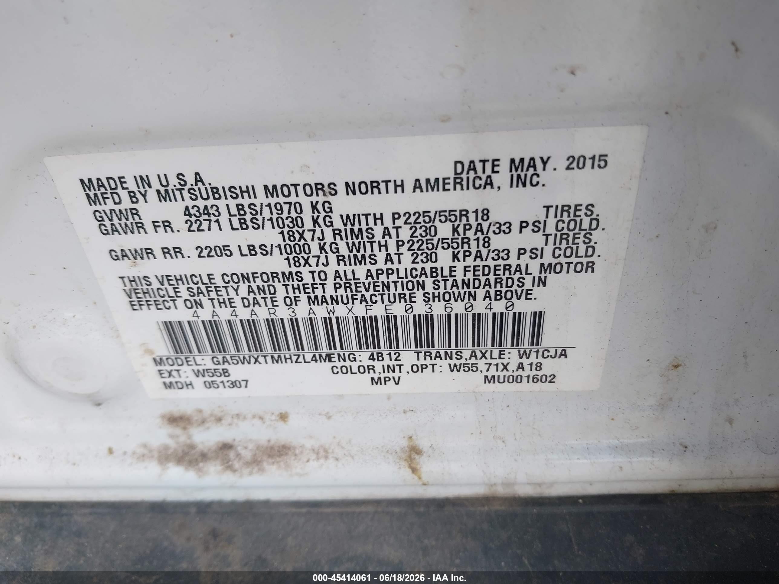2015 Mitsubishi Outlander Sport Es White vin: 4A4AR3AWXFE036040