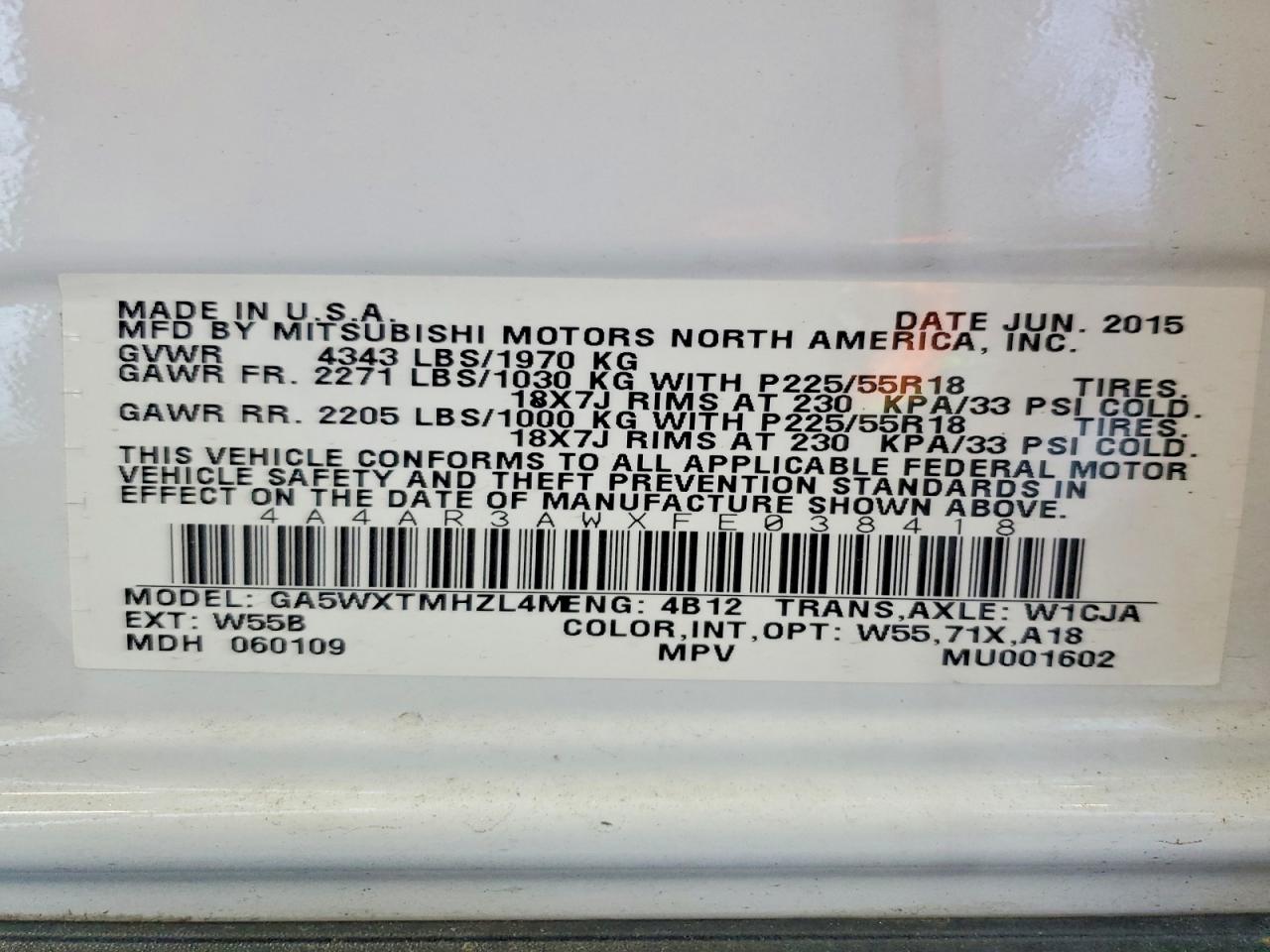 2015 Mitsubishi Outlander Sport Es White vin: 4A4AR3AWXFE038418