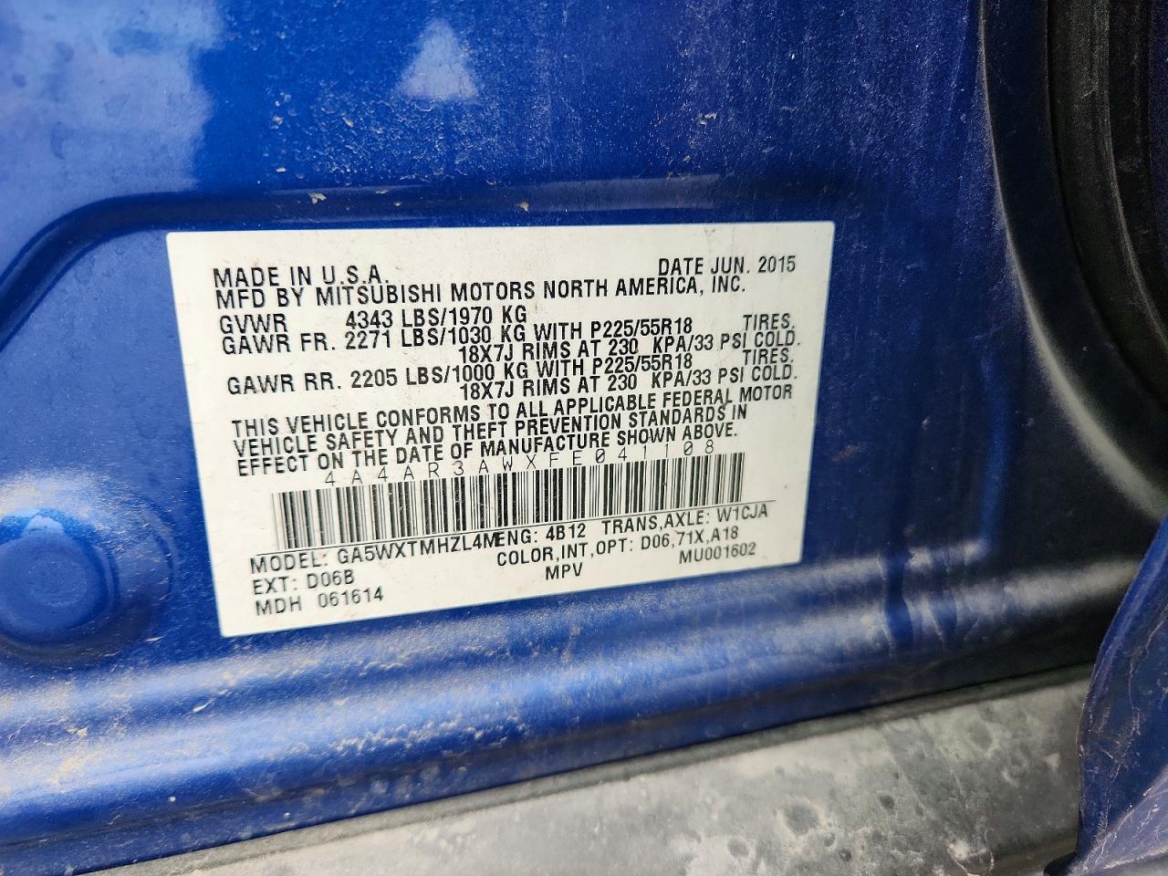 2015 Mitsubishi Outlander Sport Es Blue vin: 4A4AR3AWXFE041108