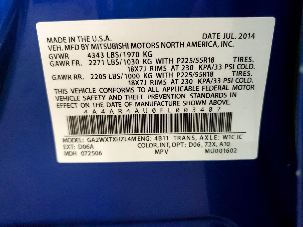 2015 Mitsubishi Outlander Sport Se Blue vin: 4A4AR4AU0FE003407