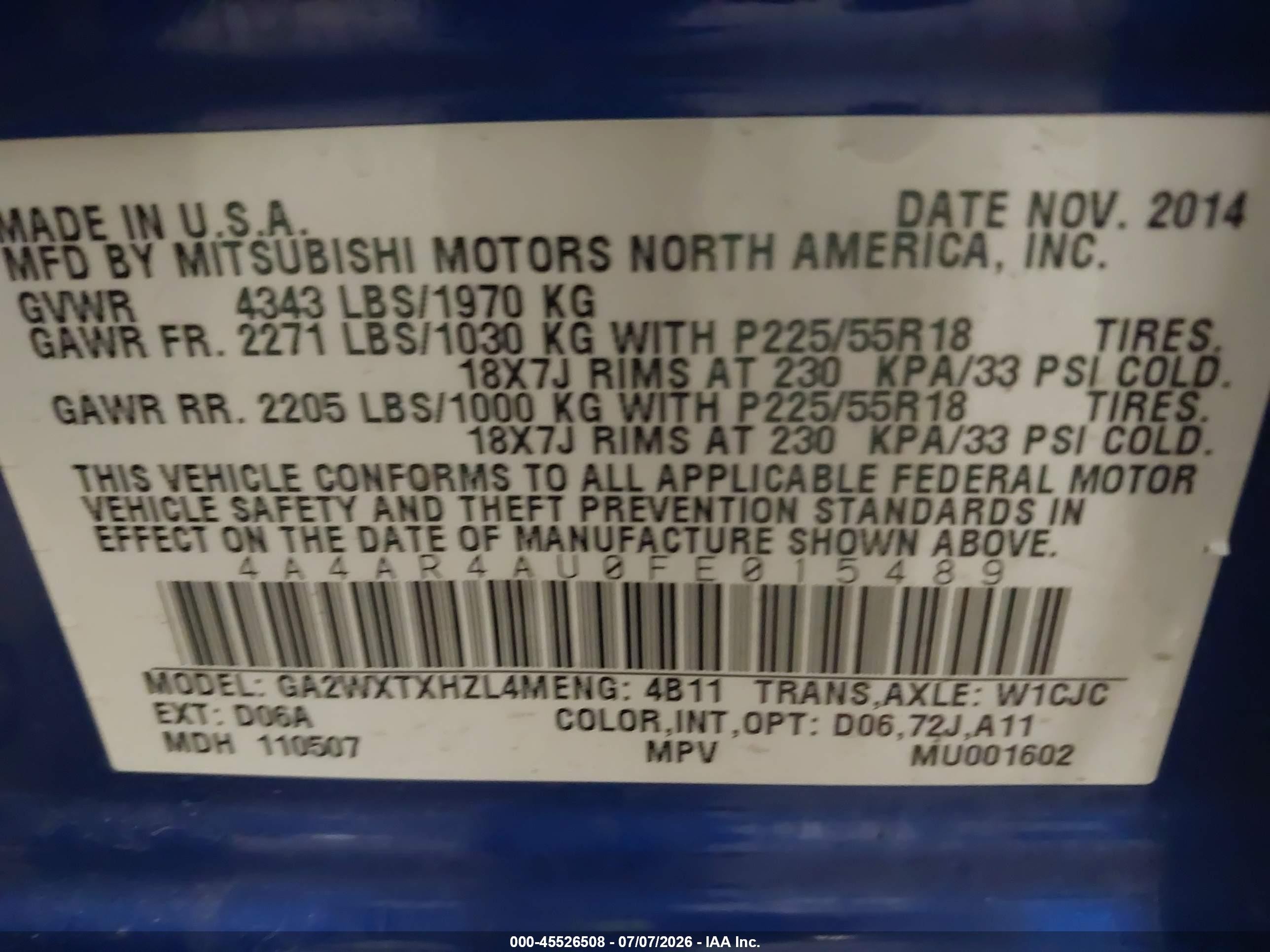 2015 Mitsubishi Outlander Sport Se Blue vin: 4A4AR4AU0FE015489
