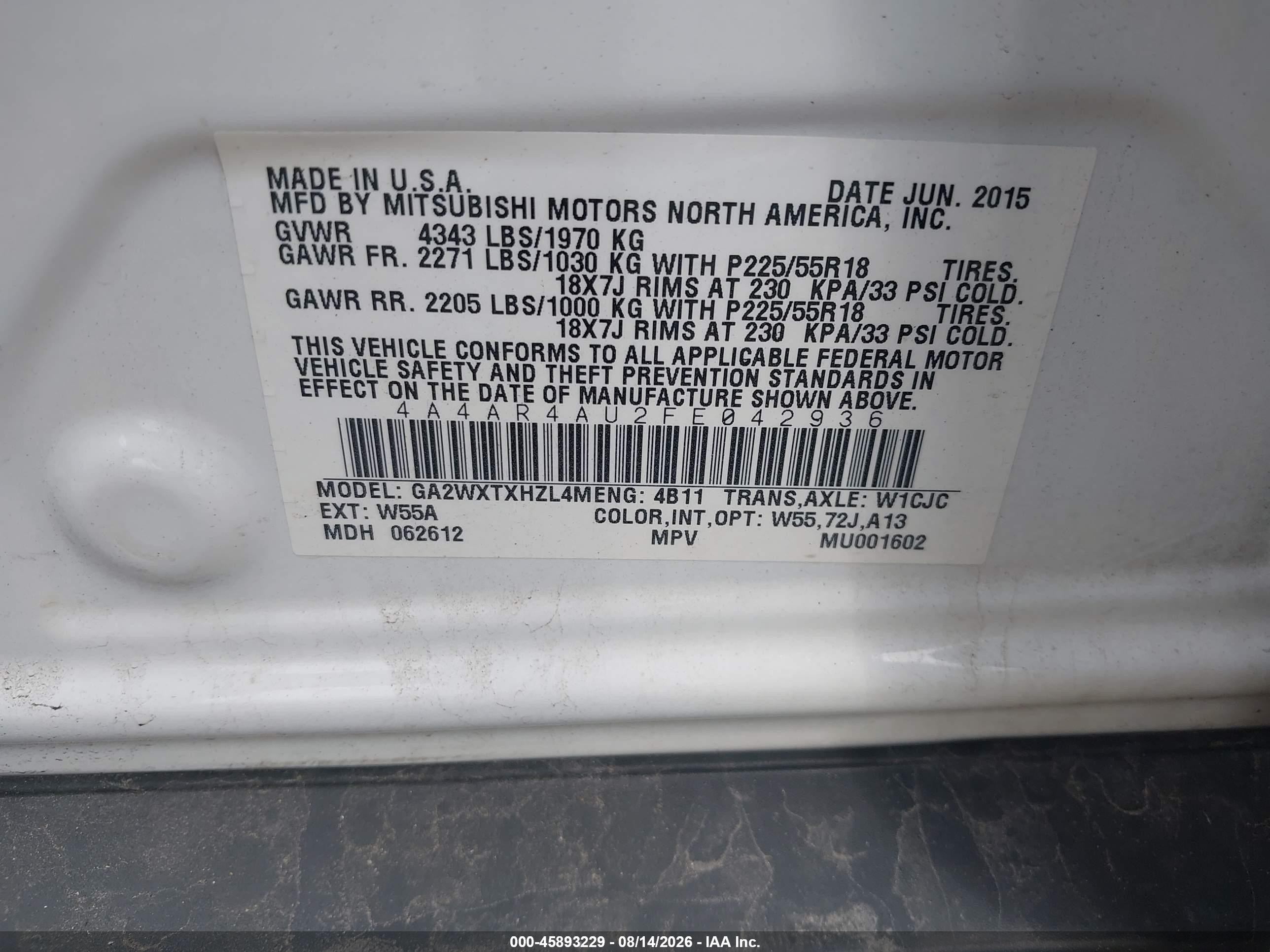 2015 Mitsubishi Outlander Sport Se White vin: 4A4AR4AU2FE042936