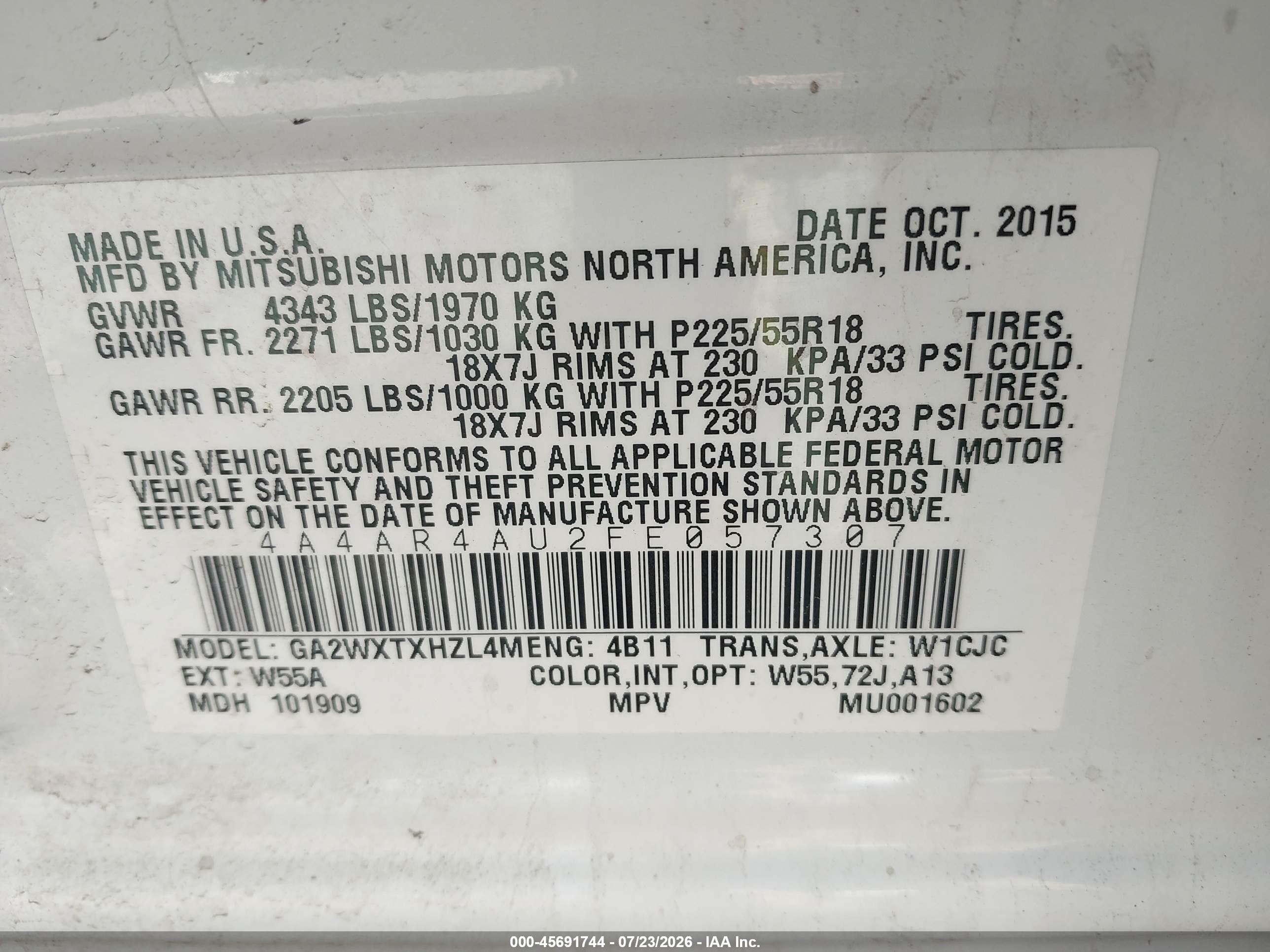 2015 Mitsubishi Outlander Sport Se White vin: 4A4AR4AU2FE057307