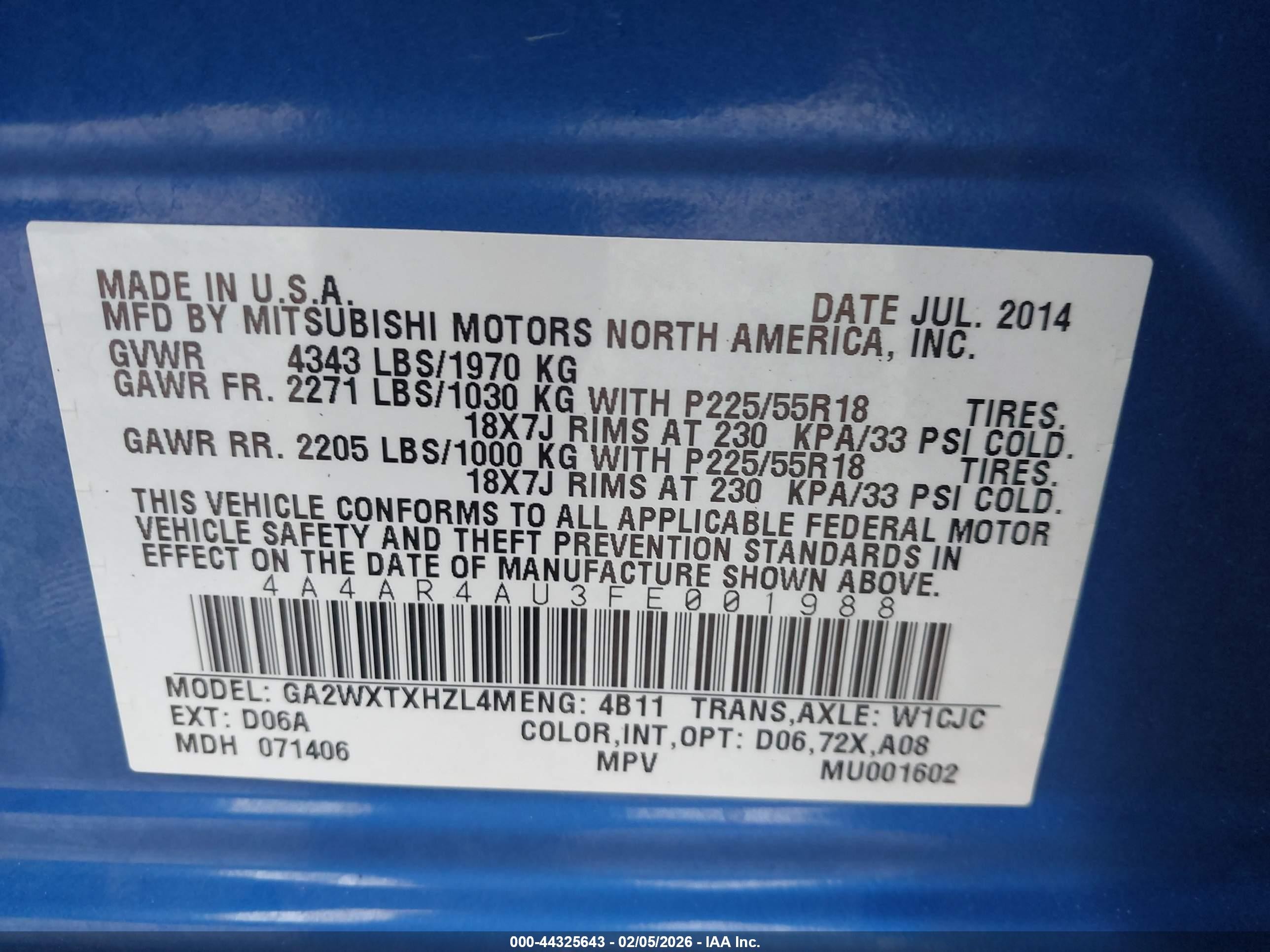 2015 Mitsubishi Outlander Sport Se Blue vin: 4A4AR4AU3FE001988