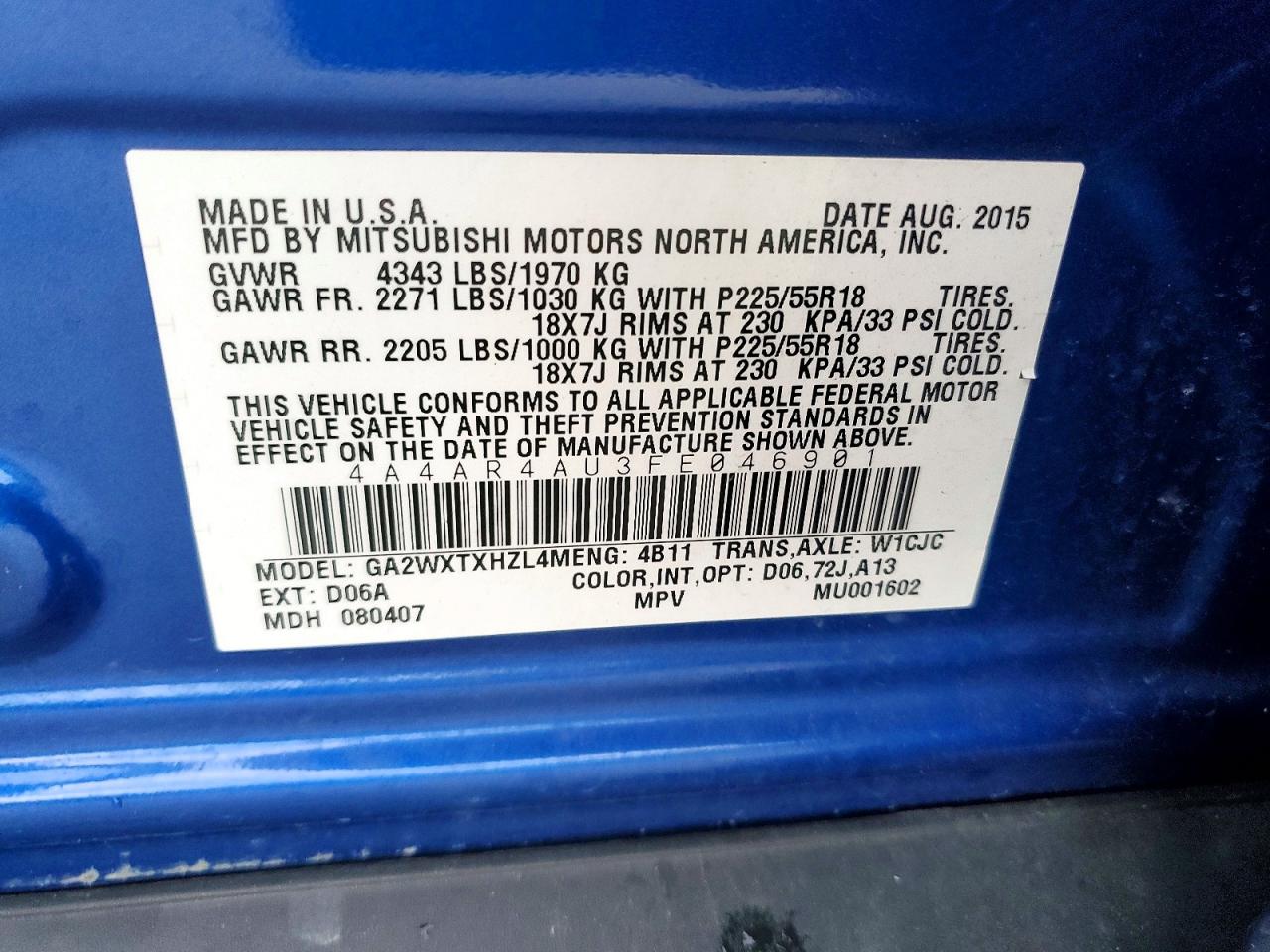 2015 Mitsubishi Outlander Sport Se Blue vin: 4A4AR4AU3FE046901