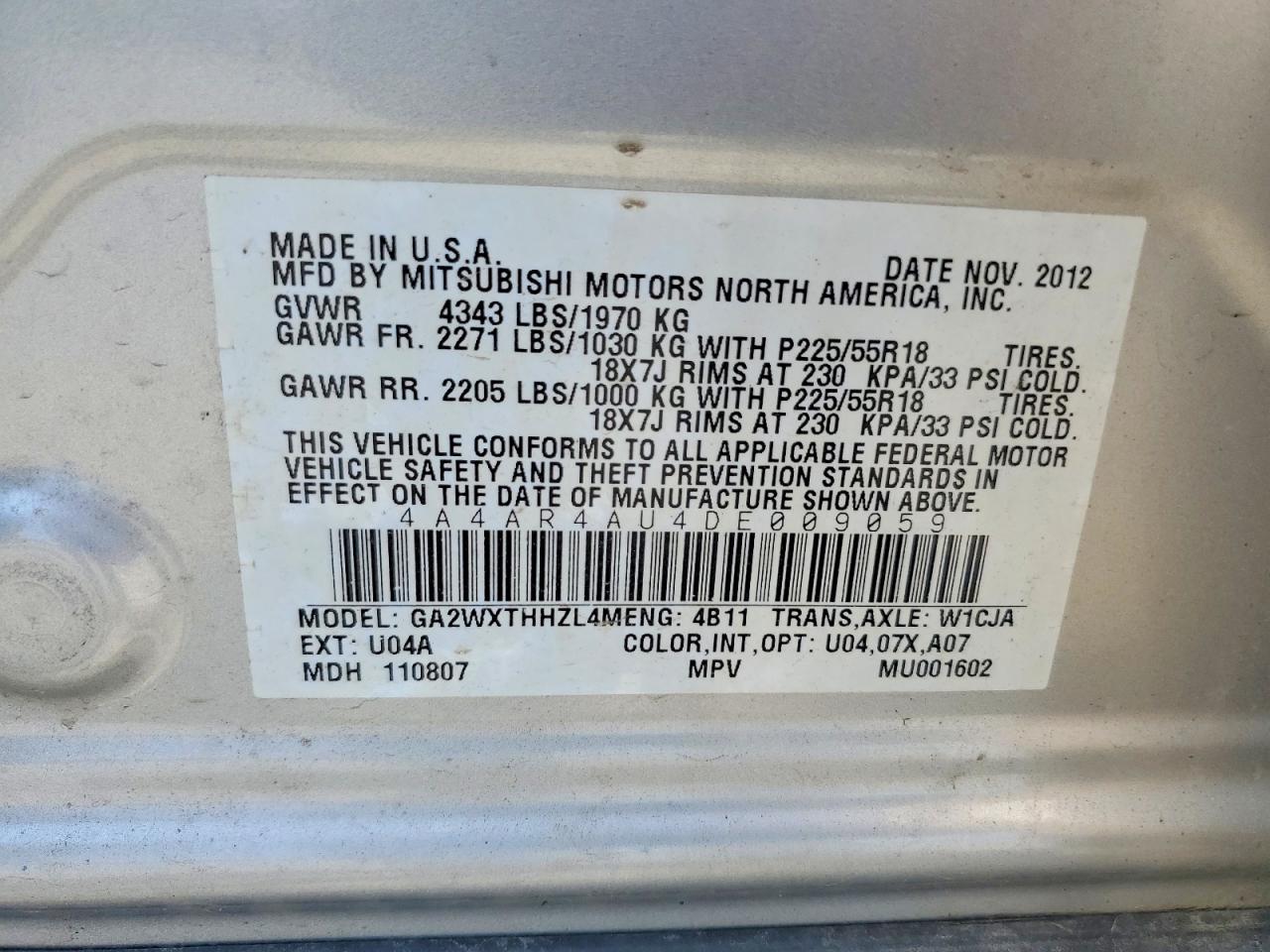 2013 Mitsubishi Outlander Sport Se Silver vin: 4A4AR4AU4DE009059
