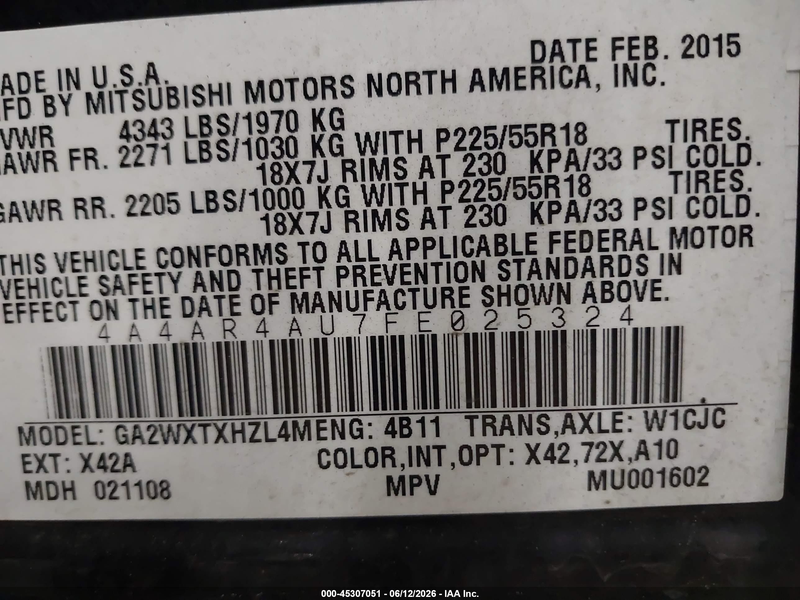 2015 Mitsubishi Outlander Sport Se Black vin: 4A4AR4AU7FE025324