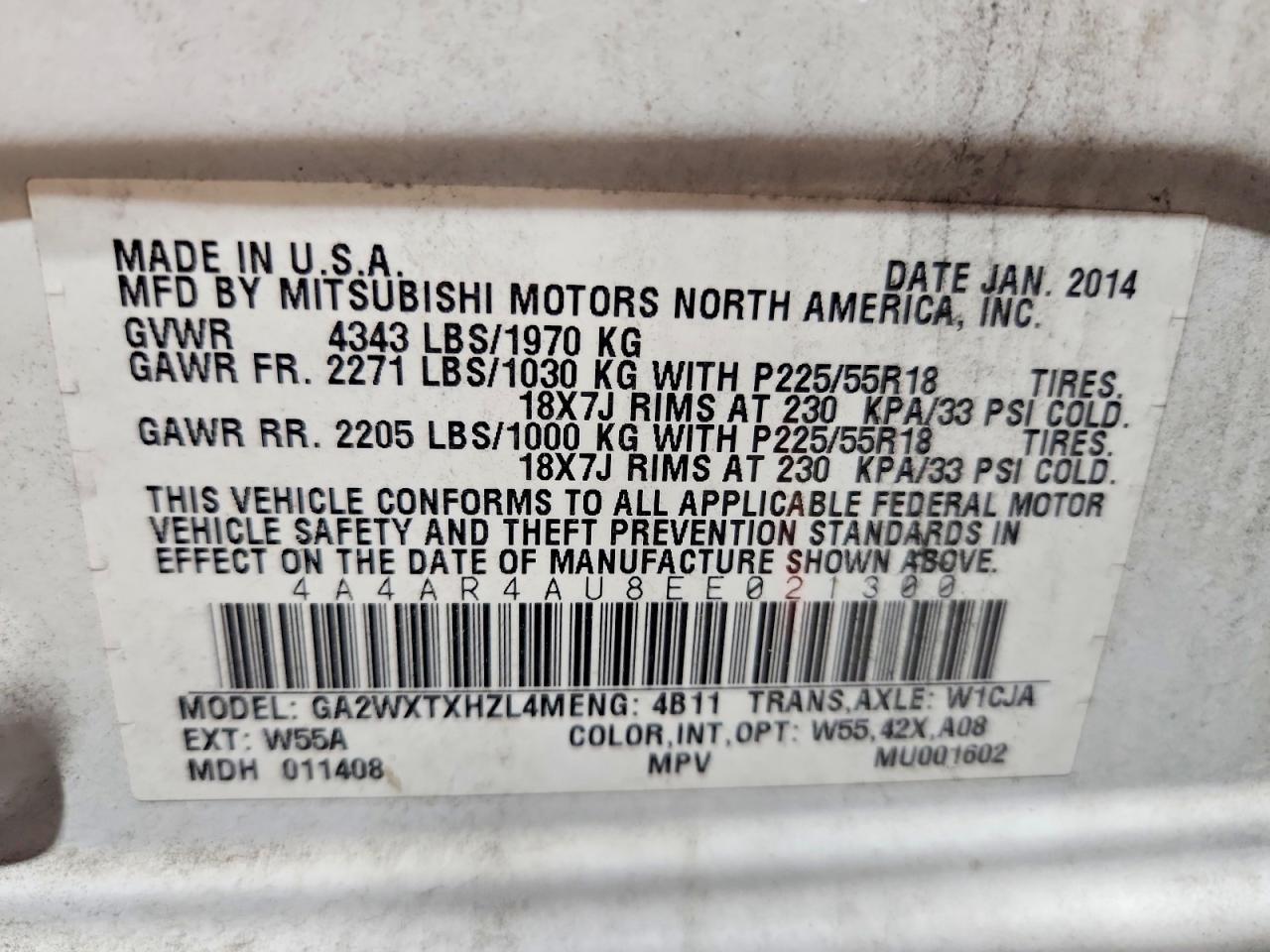2014 Mitsubishi Outlander Sport Se White vin: 4A4AR4AU8EE021300