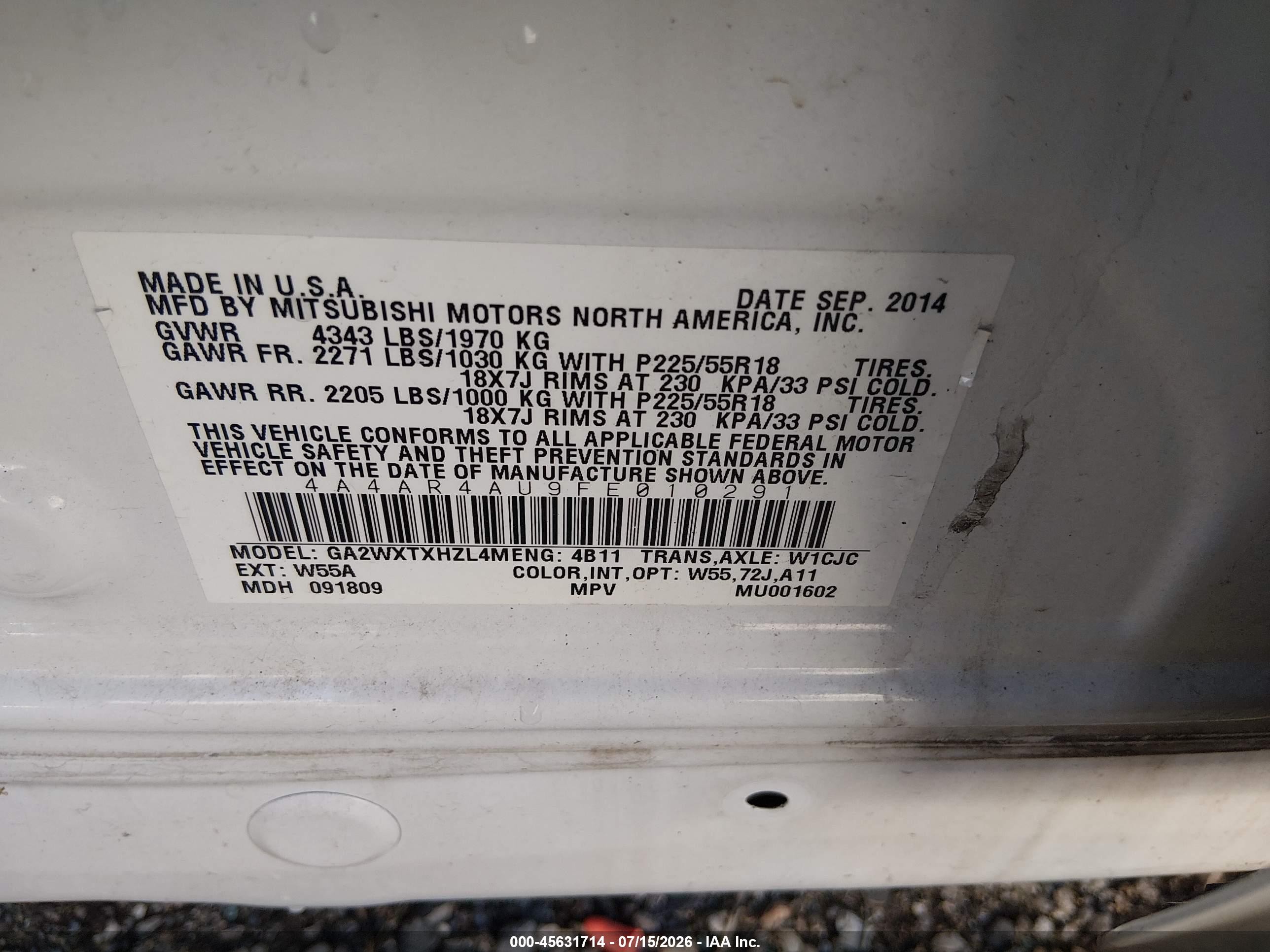 2015 Mitsubishi Outlander Sport Se White vin: 4A4AR4AU9FE010291