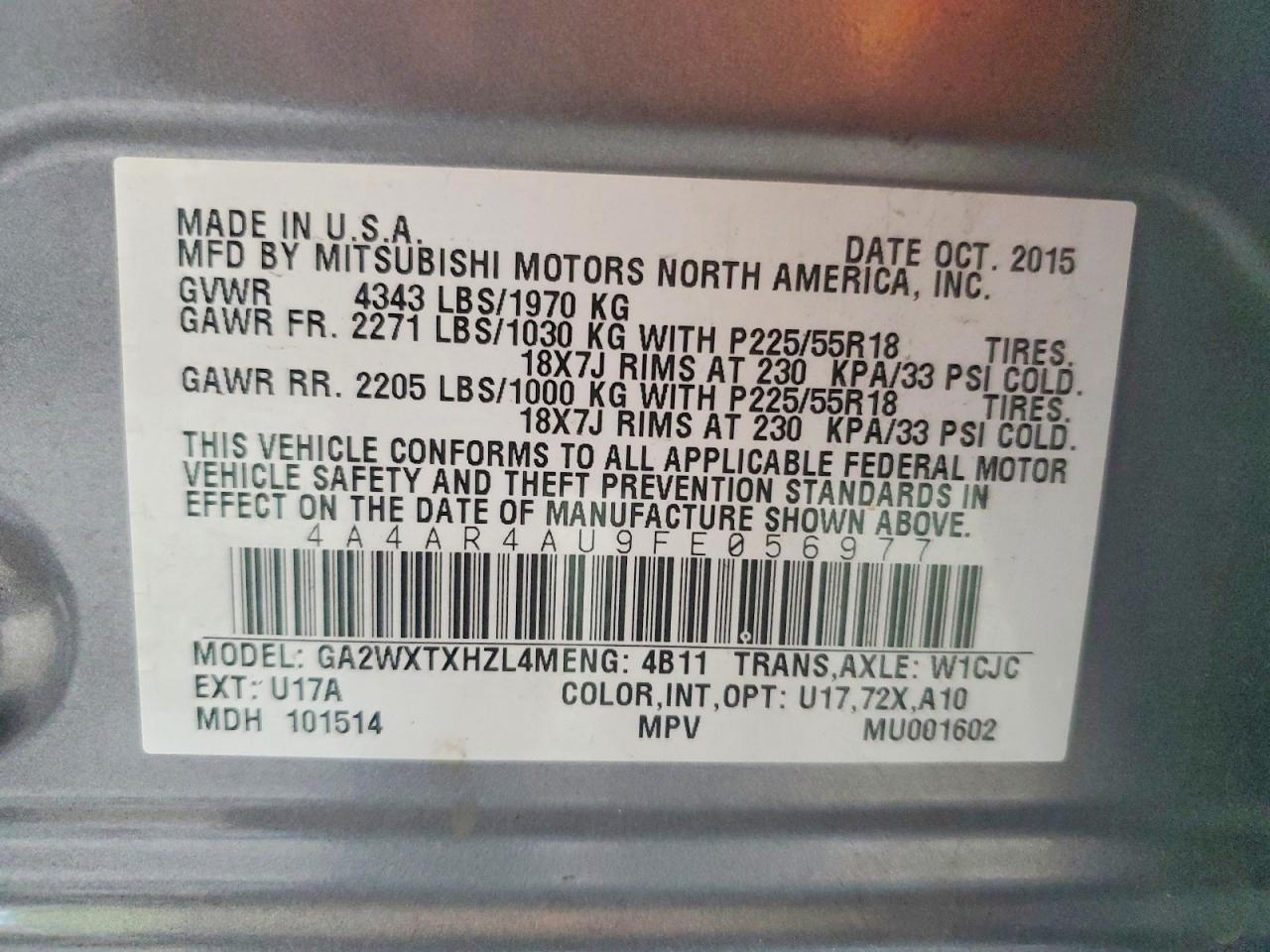 2015 Mitsubishi Outlander Sport Se Gray vin: 4A4AR4AU9FE056977