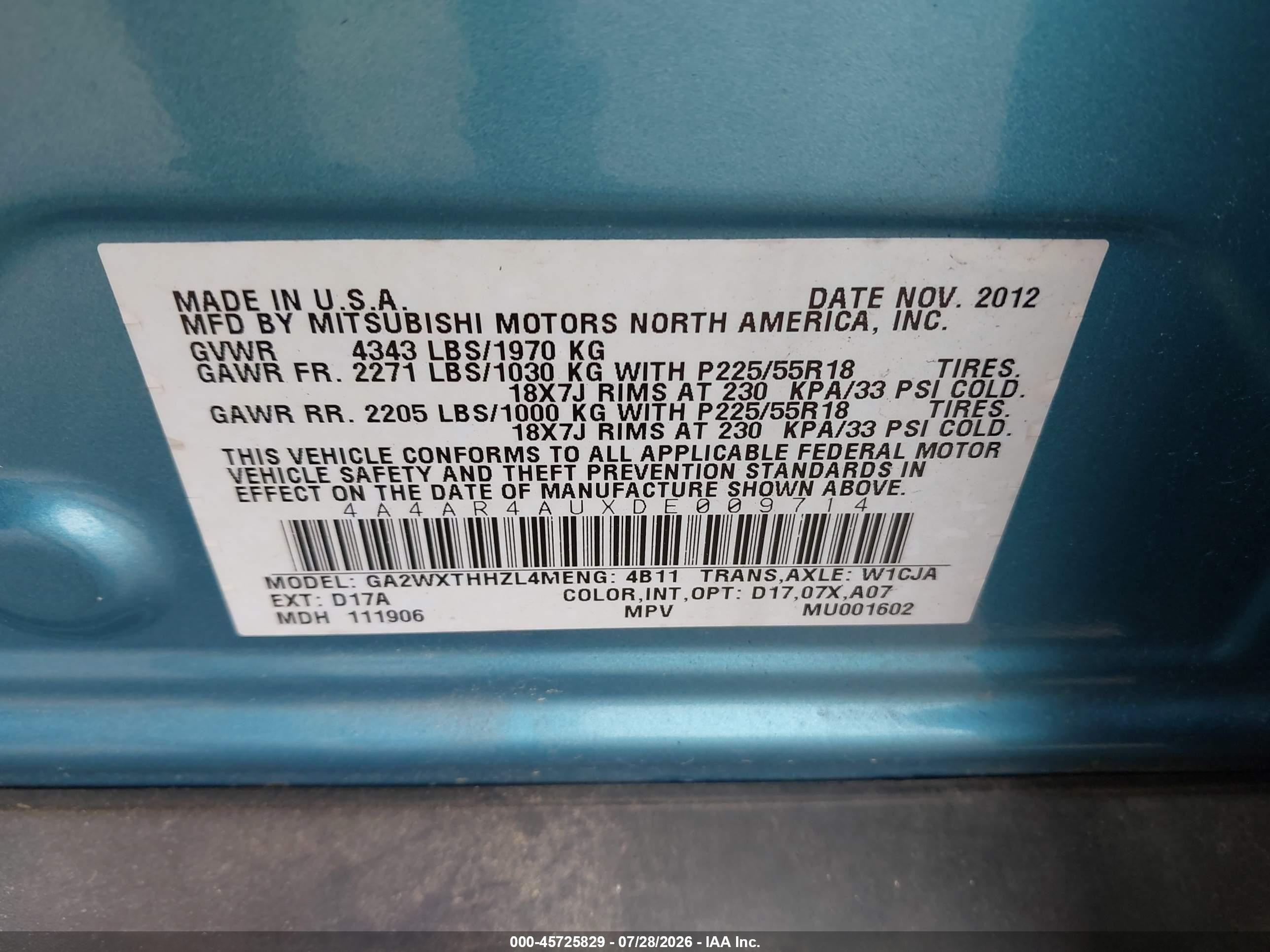 2013 Mitsubishi Outlander Sport Se Blue vin: 4A4AR4AUXDE009714