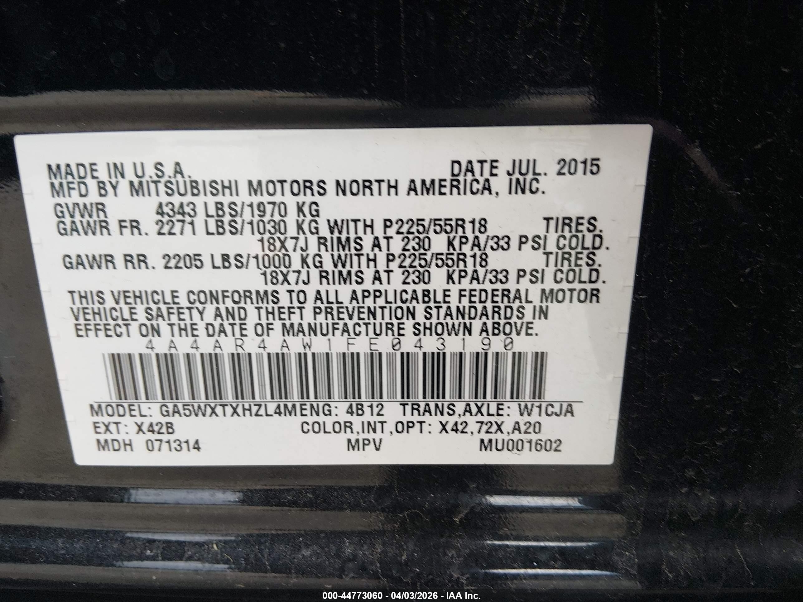 2015 Mitsubishi Outlander Sport Gt Black vin: 4A4AR4AW1FE043190